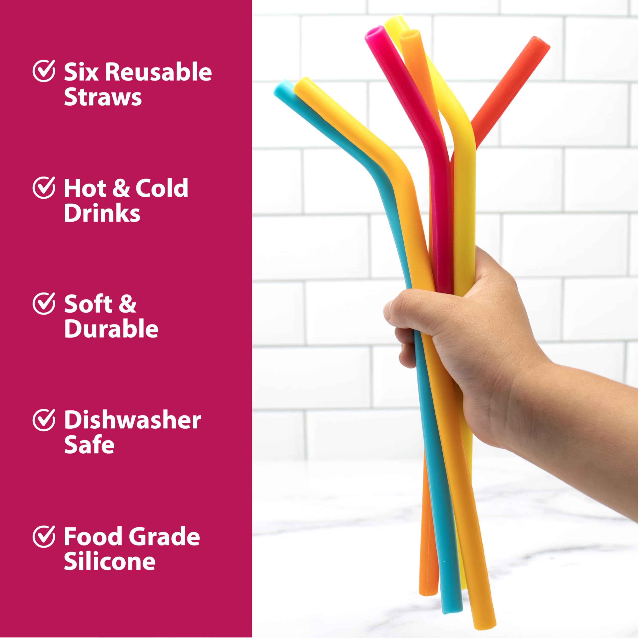 Joie Reusable Silicone Straws - Set of 6 with Cleaning Brush | Rainbow | BPA-Free 5