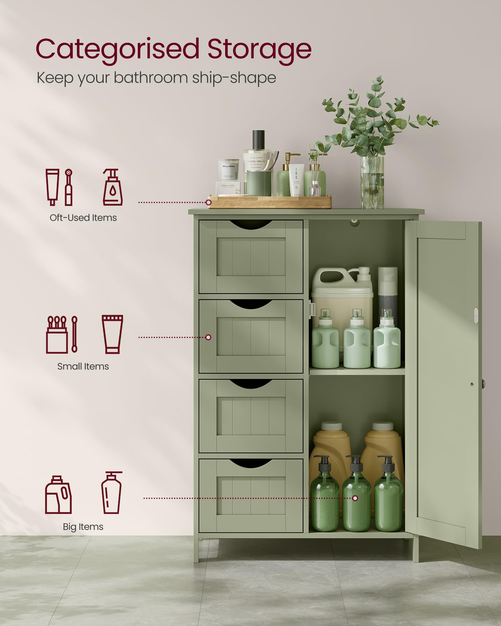 VASAGLE Bathroom Floor Storage Cabinet with 4 Drawers | Laurel Green | Engineered Wood 4