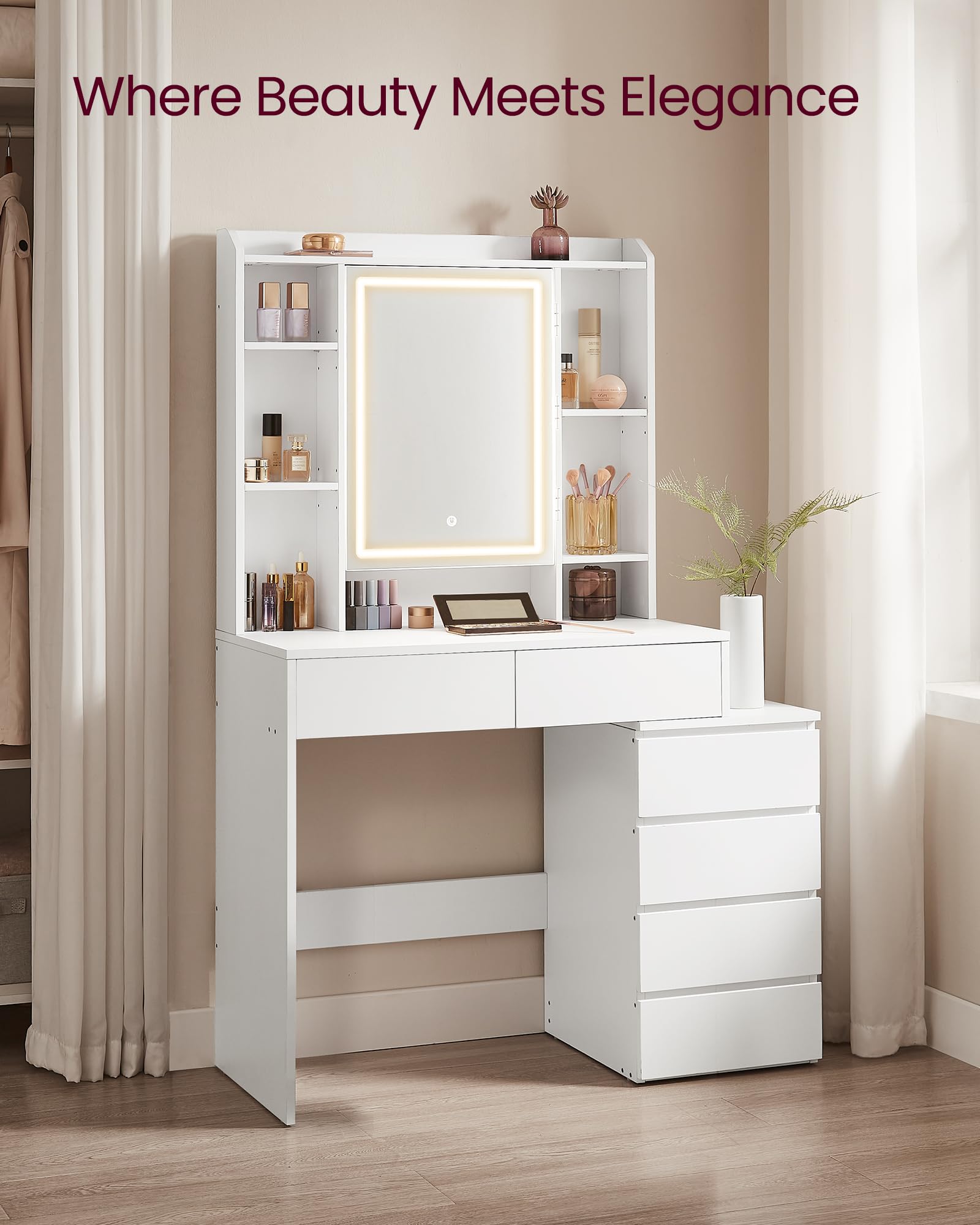 VASAGLE KAILYN Collection Dressing Table with LED Lights | Cloud White | 97.5D cm 7