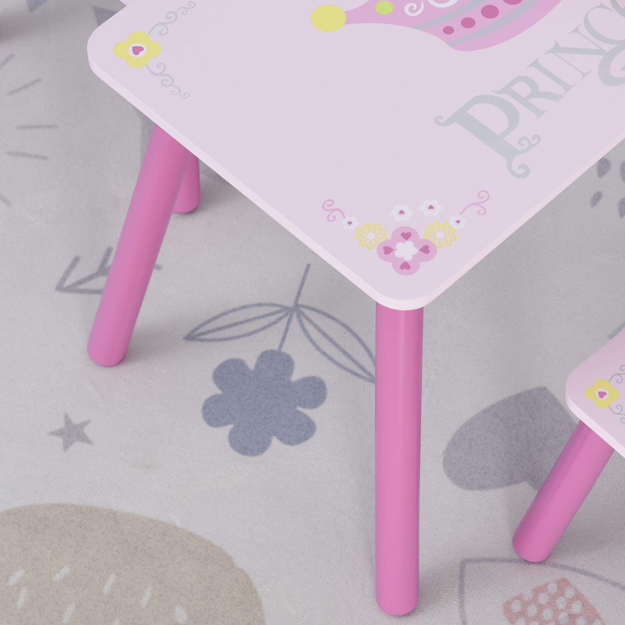 HOMCOM 3 Pc Kids Table and Chair Set - Princess & Crown Theme | MDF & Pine Wood | Pink 8