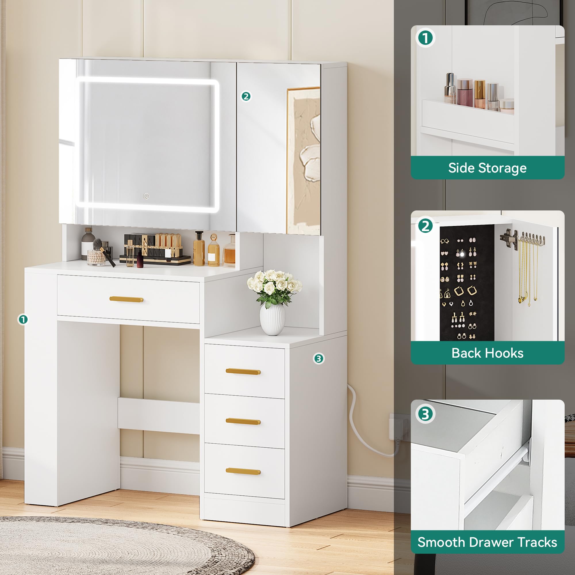 YITAHOME Dressing Table with Dual Mirror & LED Lights | White with 4 Drawers | 90x40x140cm 4