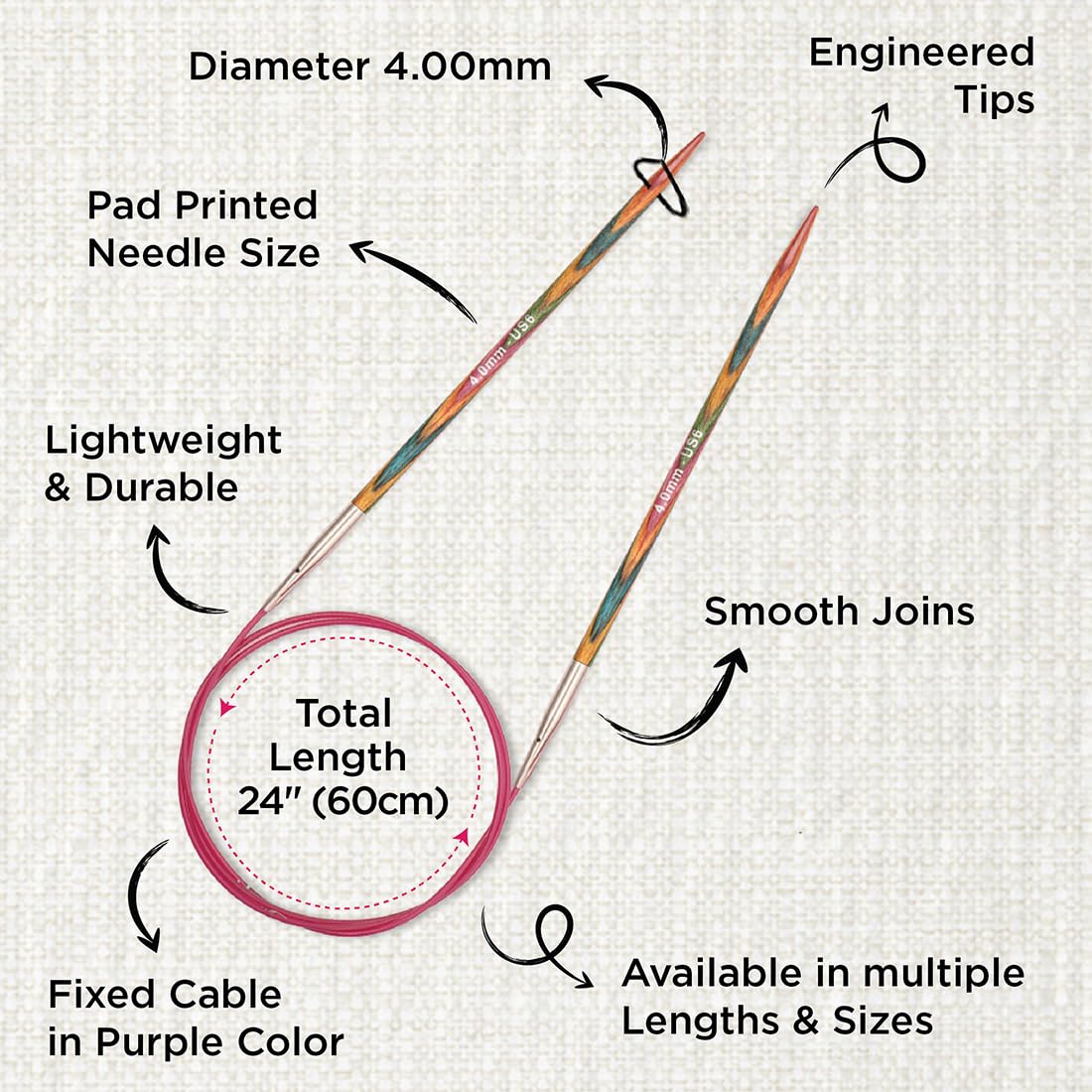 KnitPro Symfonie Fixed Circular Knitting Needles - 60 cm Length, 4.00mm Size | Birch Wood 3