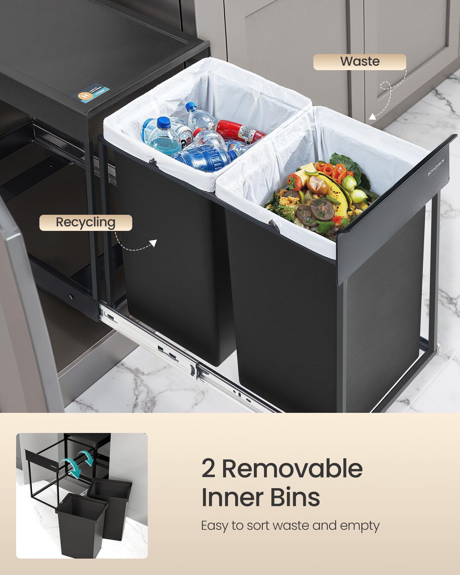 SONGMICS Built-in Kitchen Waste Separation System - 2 Compartments, 20L Total Capacity | Steel Frame 5