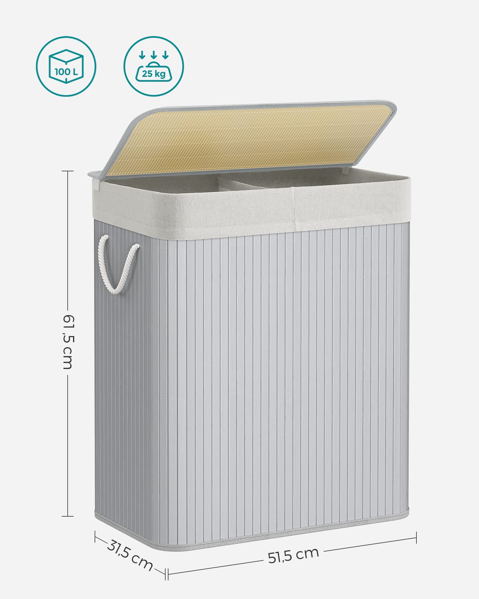 SONGMICS Bamboo Laundry Basket with Lid - 100L Volume, 2 Sorting Compartments, Removable Bag, Grey 4
