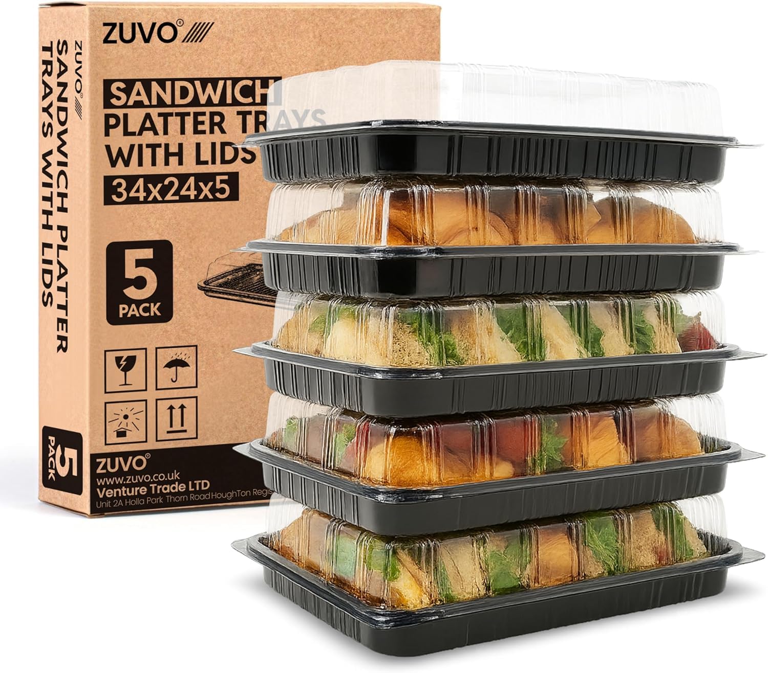 Zuvo Reusable Party Food & Sandwich Platter Trays with Lids, 5 Pack, Black Plastic