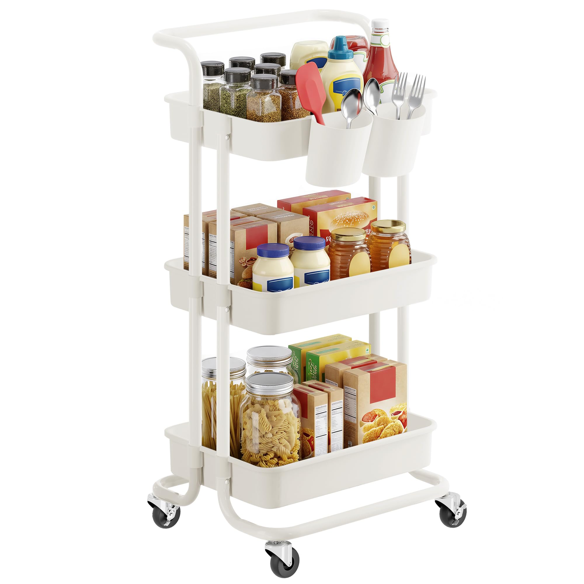 SONGMICS 3-Tier Rolling Storage Cart with Handle | Plastic Alloy Steel | White