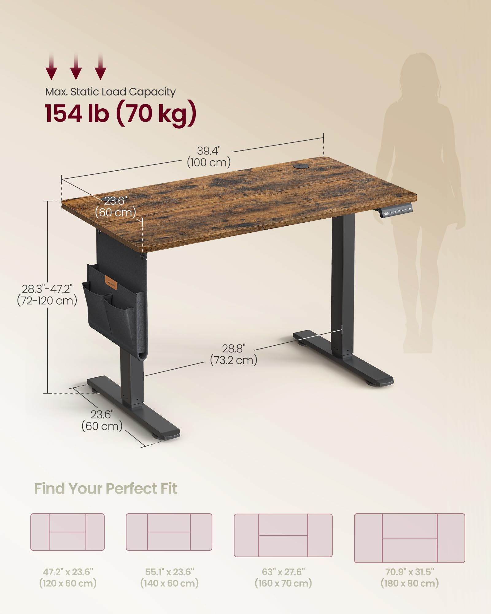 VASAGLE Electric Standing Desk - Height Adjustable 72-120 cm | Rustic Brown | Supports 70 kg 3