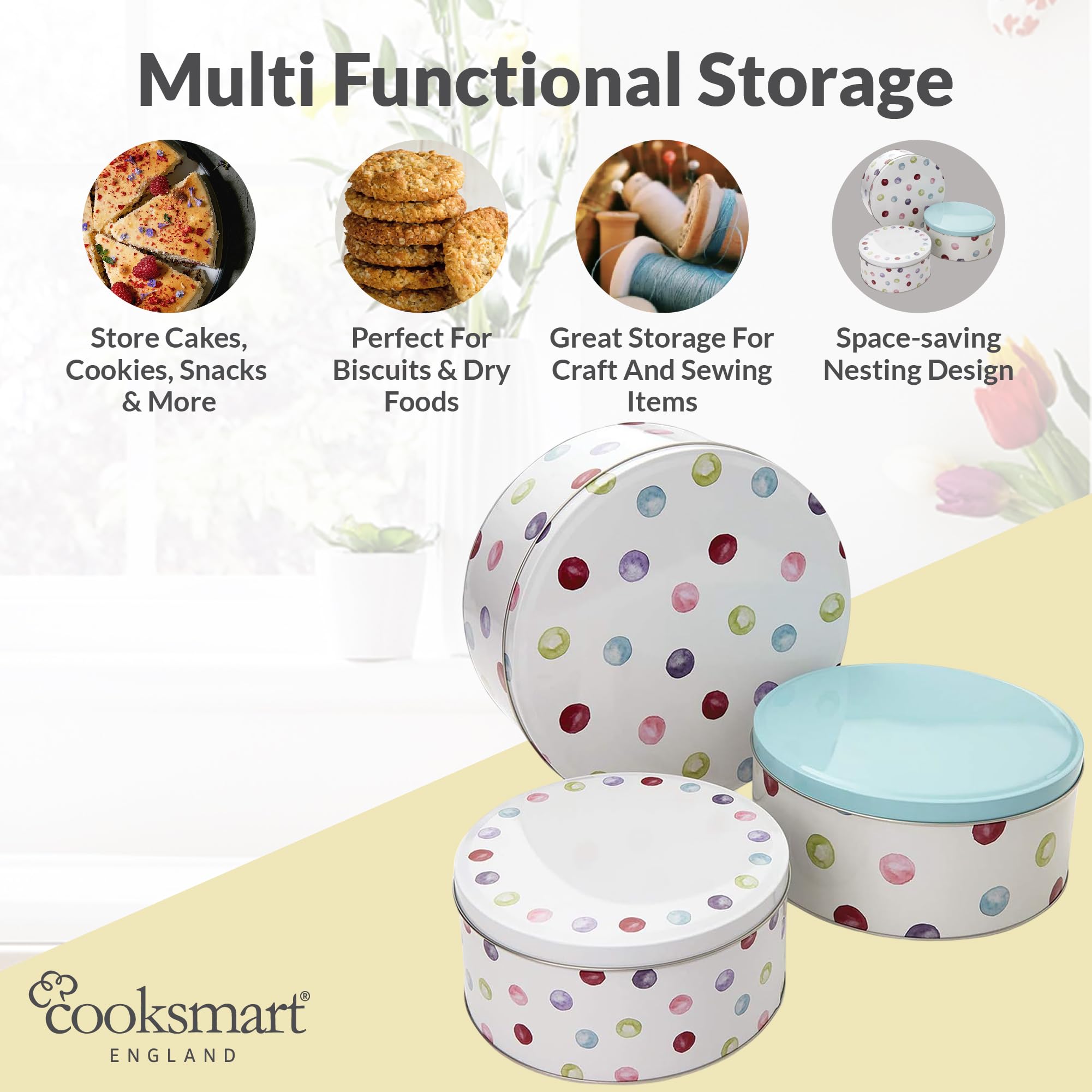Cooksmart England Set of 3 Round Cake Storage Tins | Retro Biscuit Tin Design | Durable Tin 5