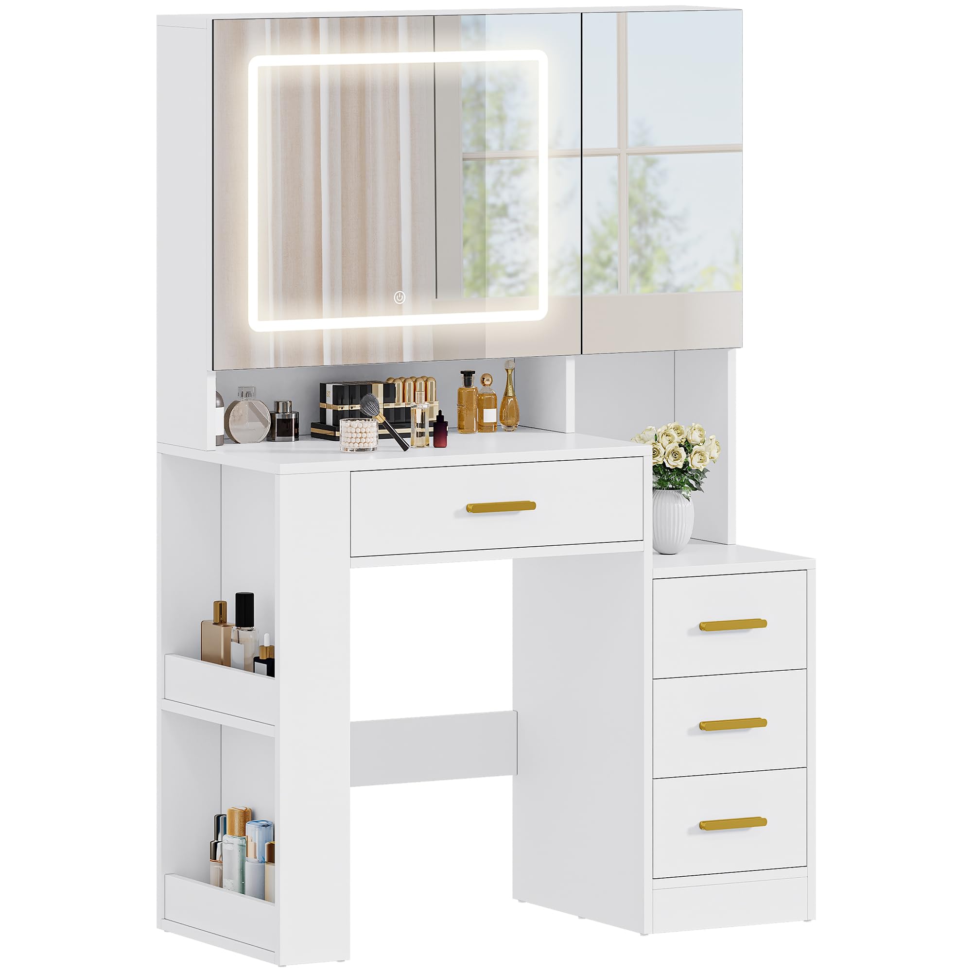 YITAHOME Dressing Table with Dual Mirror & LED Lights | White with 4 Drawers | 90x40x140cm 2