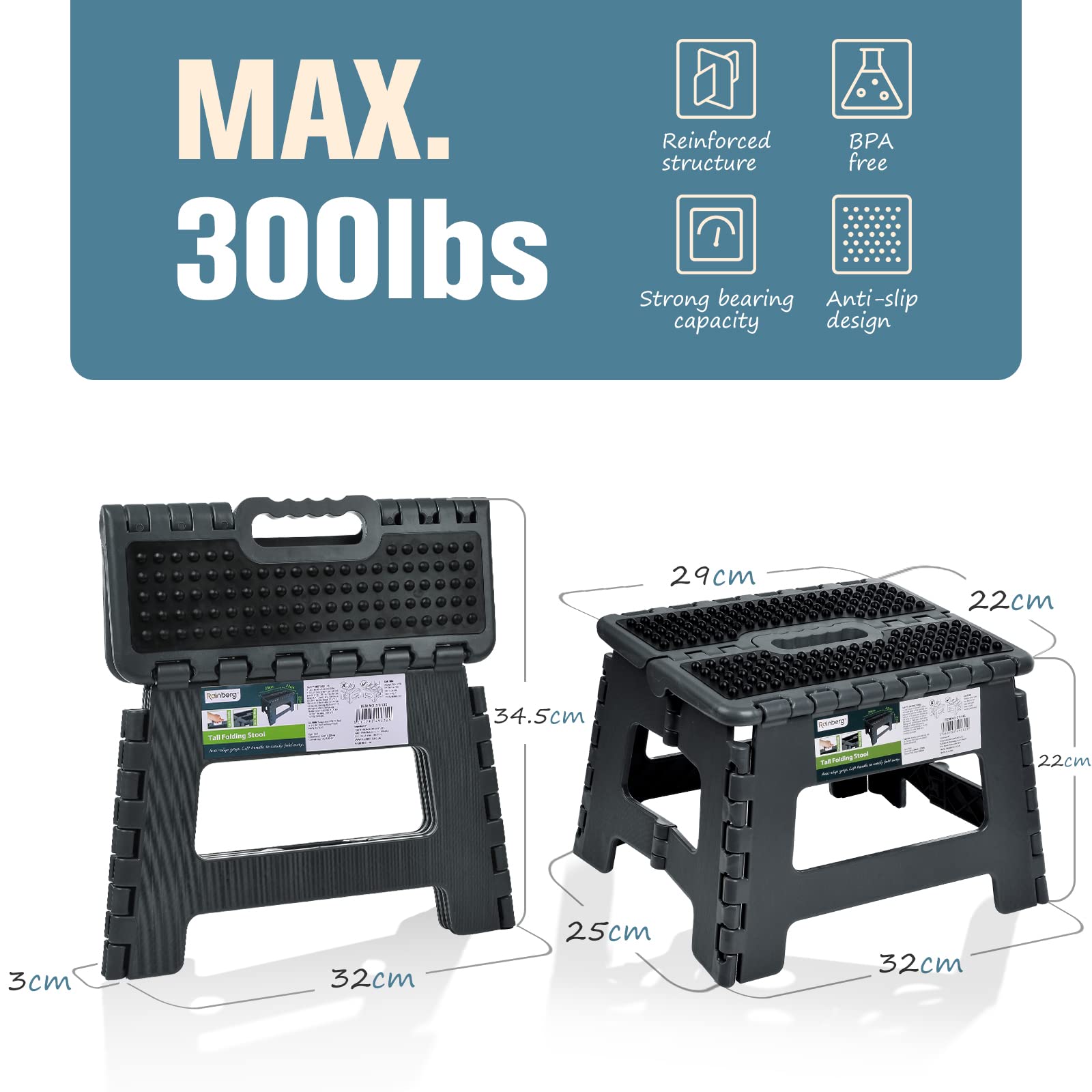Rainberg Folding Step Stool - Small 9 Inch | Supports up to 150kg | Anti-Slip Plastic 4