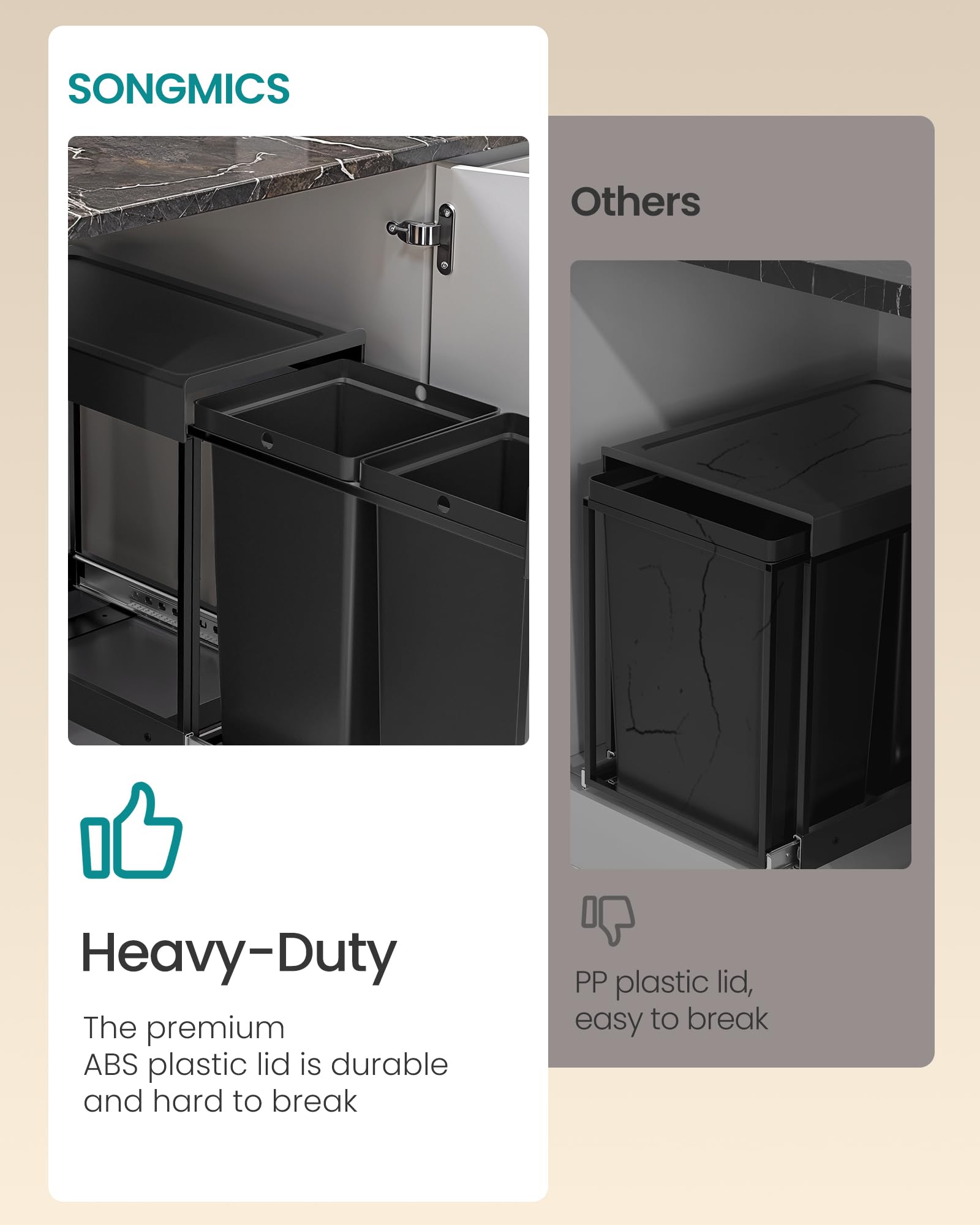 SONGMICS Built-in Kitchen Waste Separation System - 2 Compartments (2 x 15L) | Alloy Steel Frame 6
