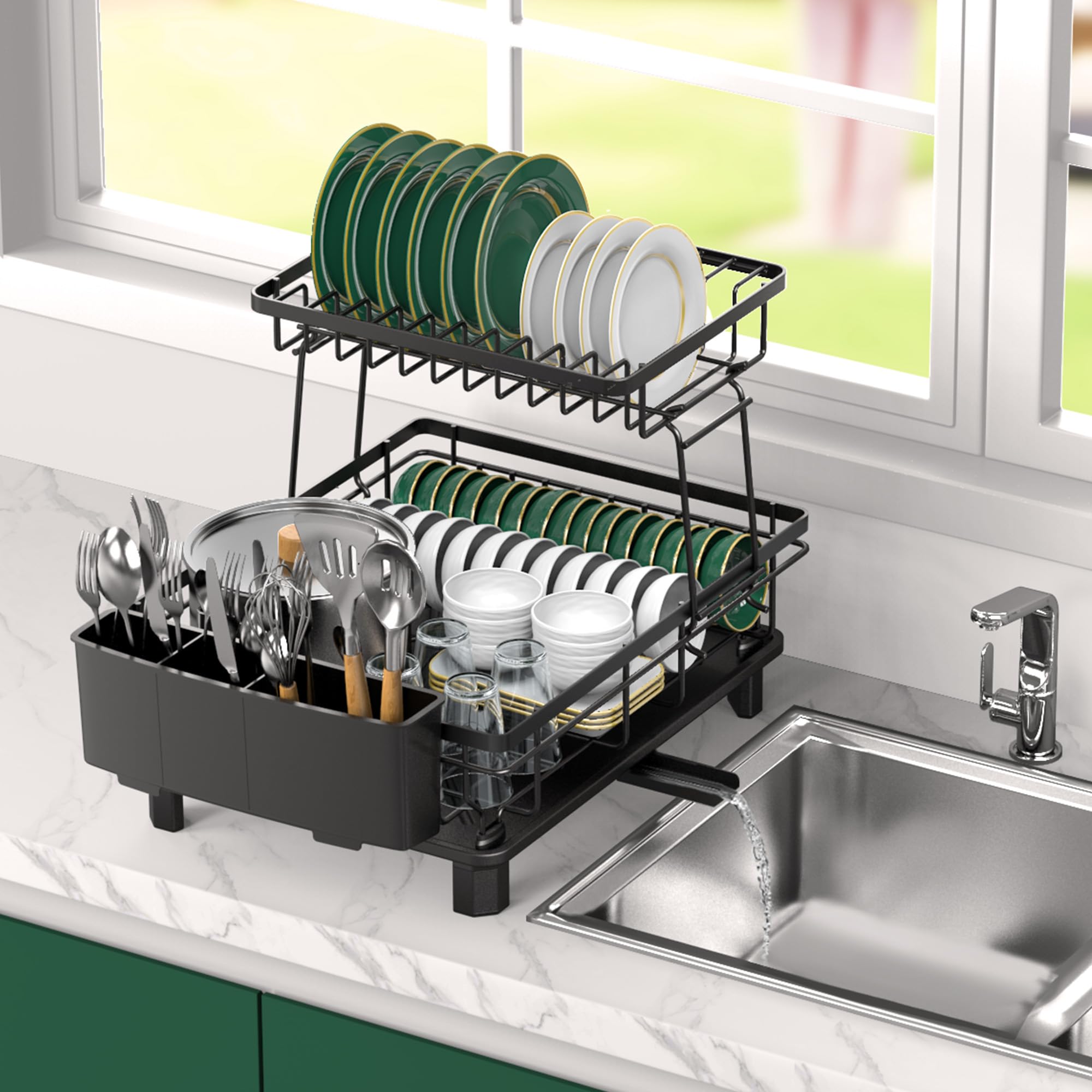Rottogoon Large 2-Tier Dish Drying Rack - Stainless Steel, Black, with Drainboard & Utensil Holder 8