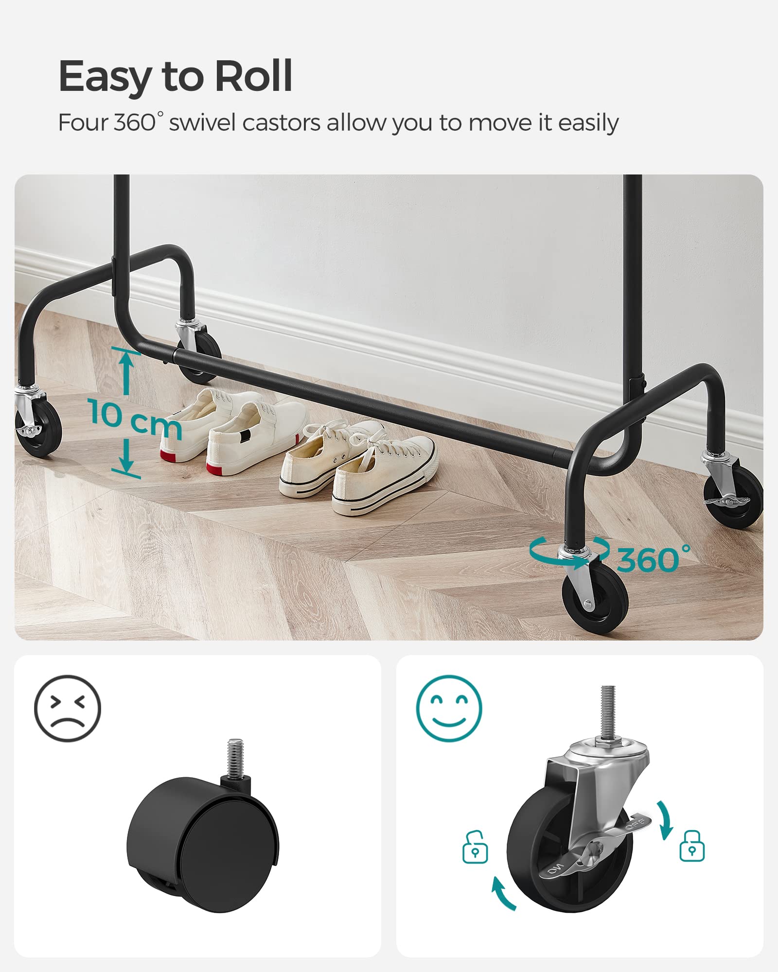 SONGMICS Heavy-Duty Clothes Rack on Wheels - Extendable Rail, 130 kg Capacity | Matte Black 5