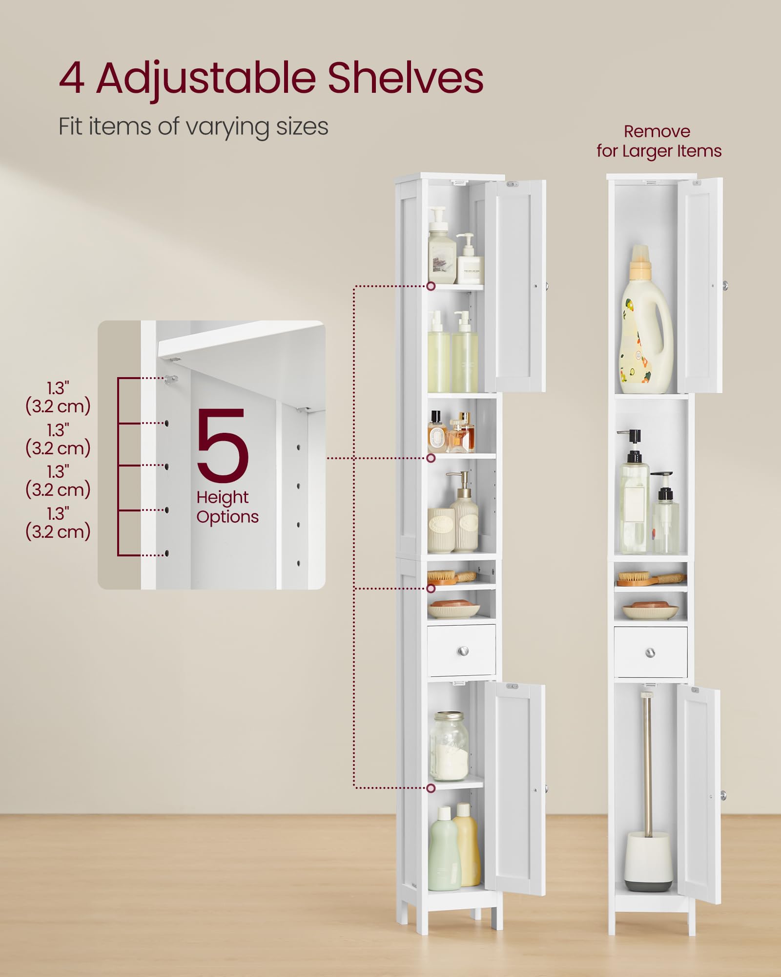 VASAGLE Tall Bathroom Cabinet - Slim Freestanding Storage | Cloud White | 180cm H 5