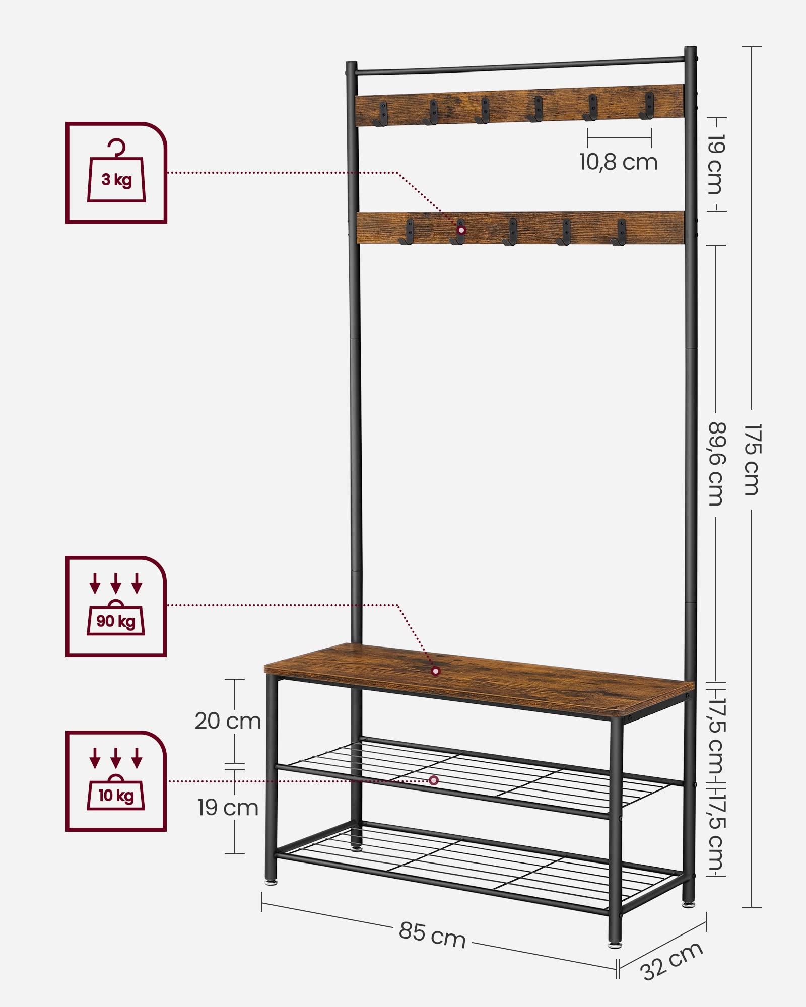 VASAGLE Coat Rack - 3-in-1 Hall Tree with Shoe Storage Bench | 9 Hooks | Rustic Brown & Black 7