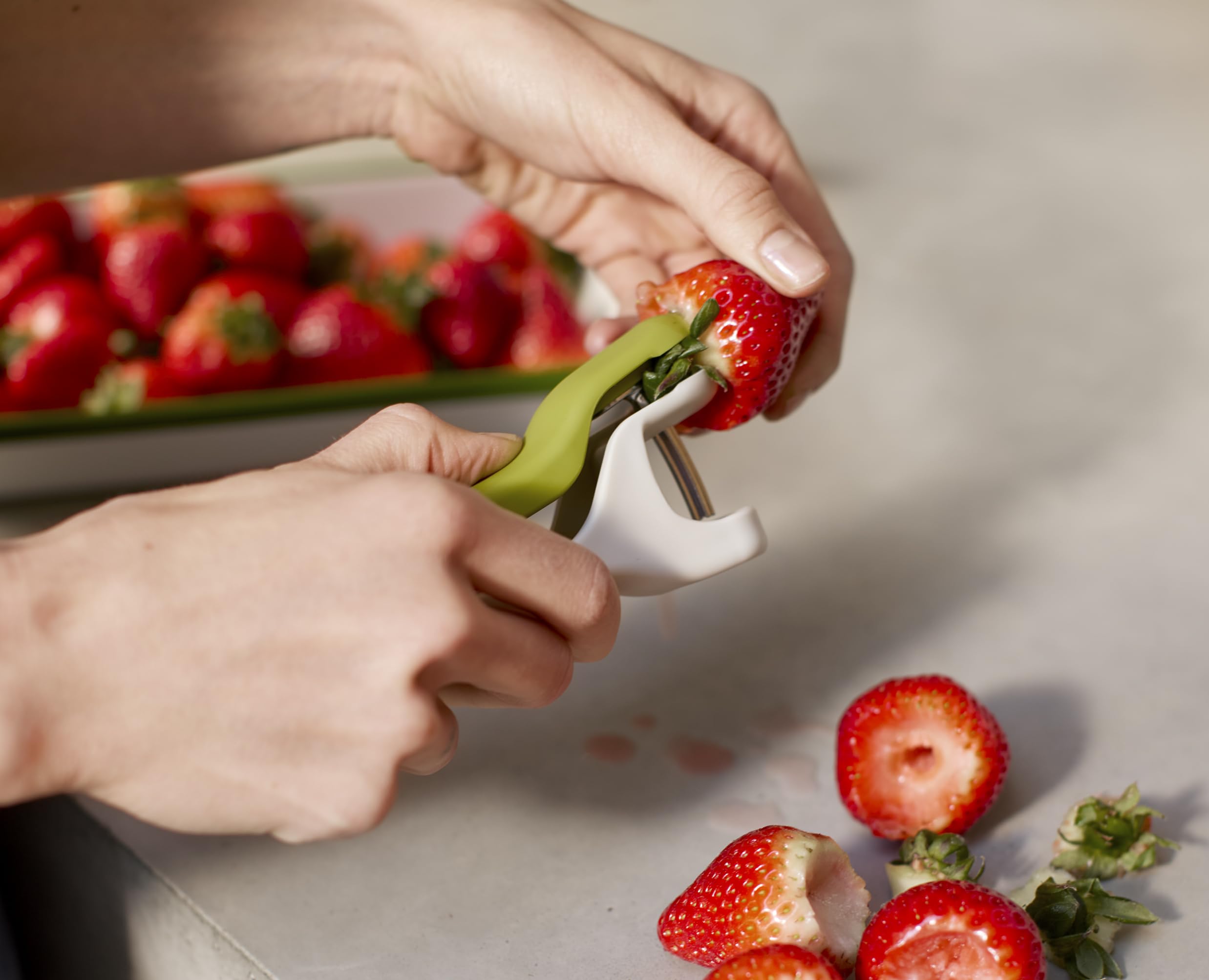 Joseph Joseph Tweezy 2-in-1 Cherry Olive Pitter and Strawberry Huller | Plastic | Stone/Green 6