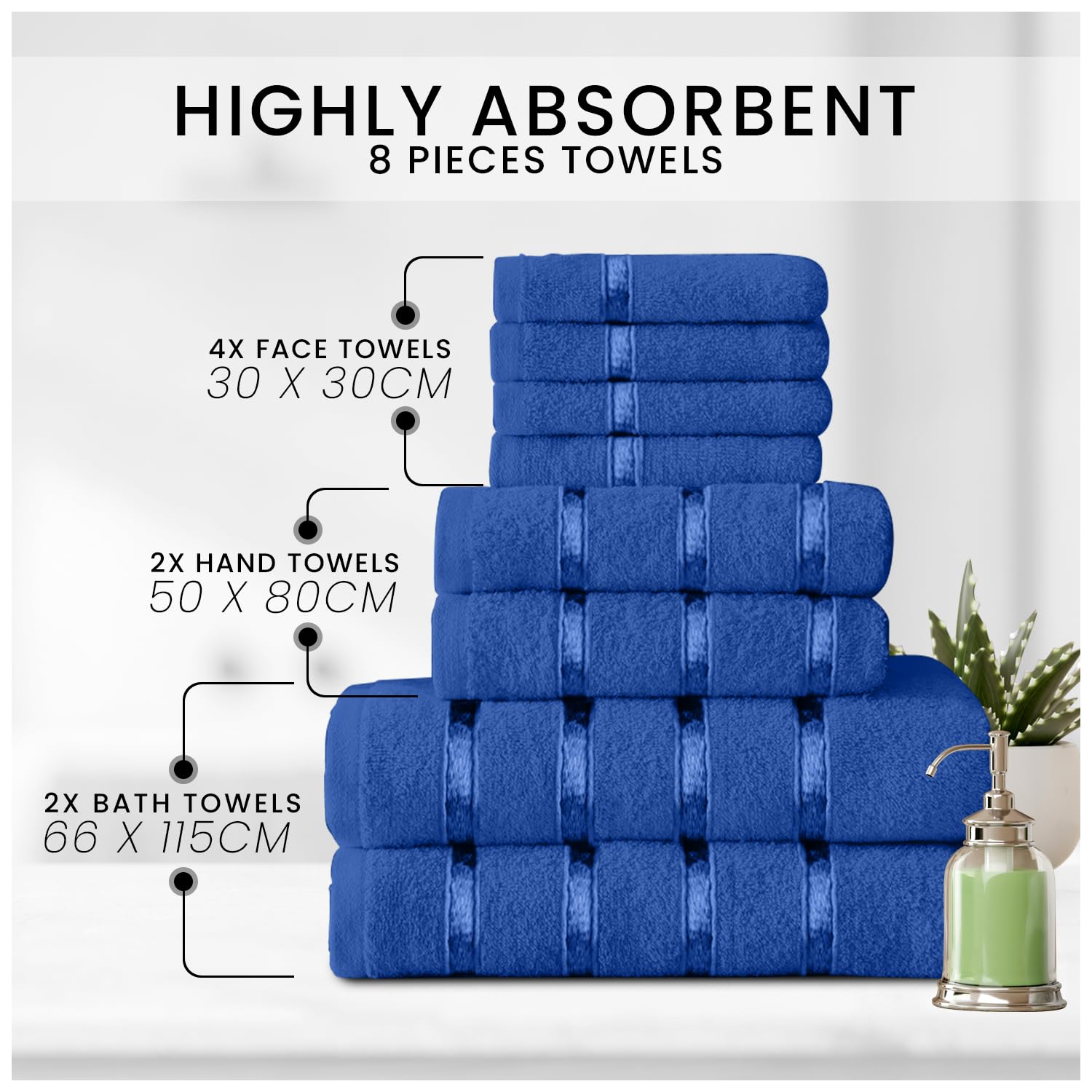 GC GAVENO CAVAILIA 8 Piece Royal Blue Towel Set - 450 GSM, Quick Dry Cotton | 2 Bath, 2 Hand, 4 Face Towels 2