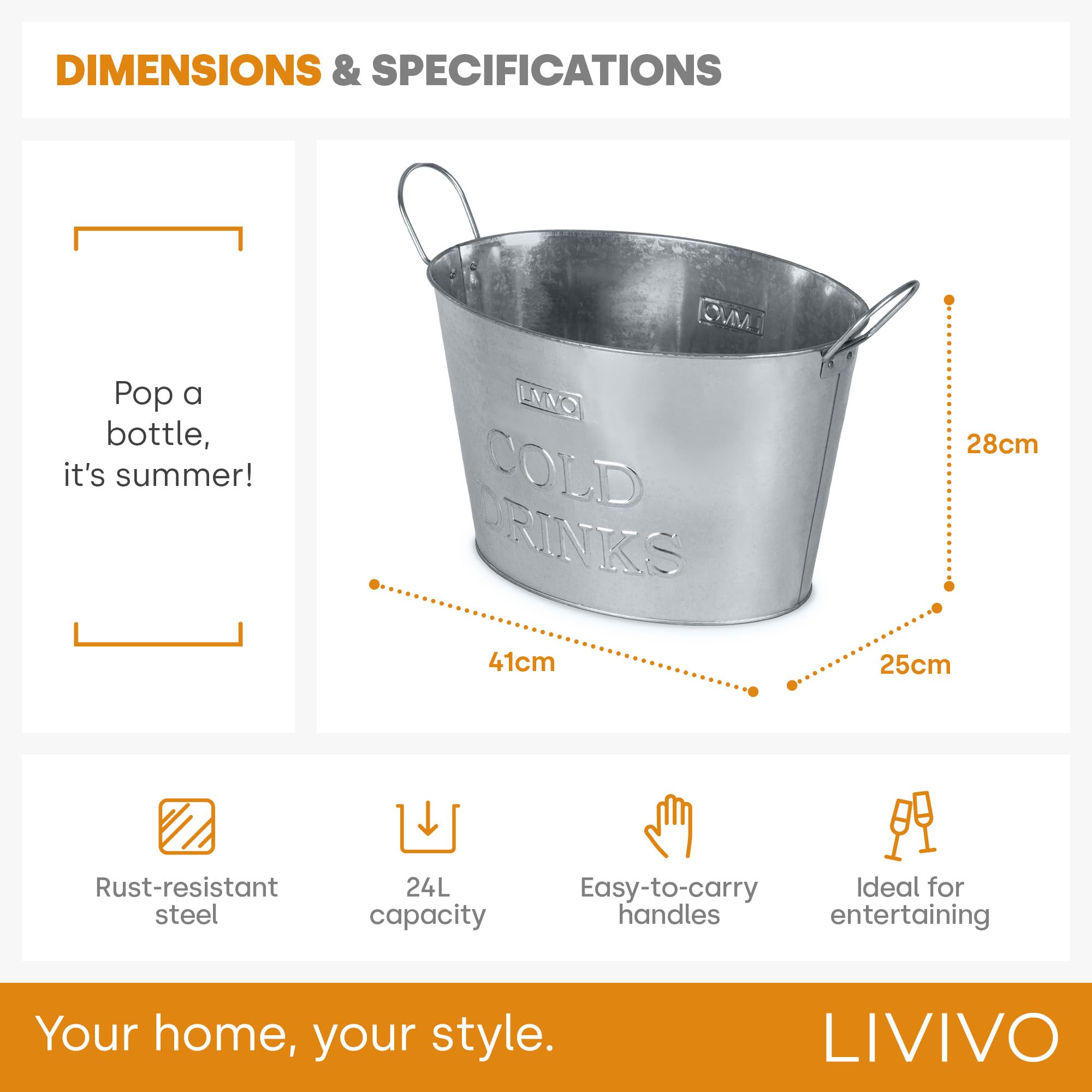 LIVIVO Galvanised Steel Ice Bucket - 24L Capacity with Handles | Portable | Steel Color 9