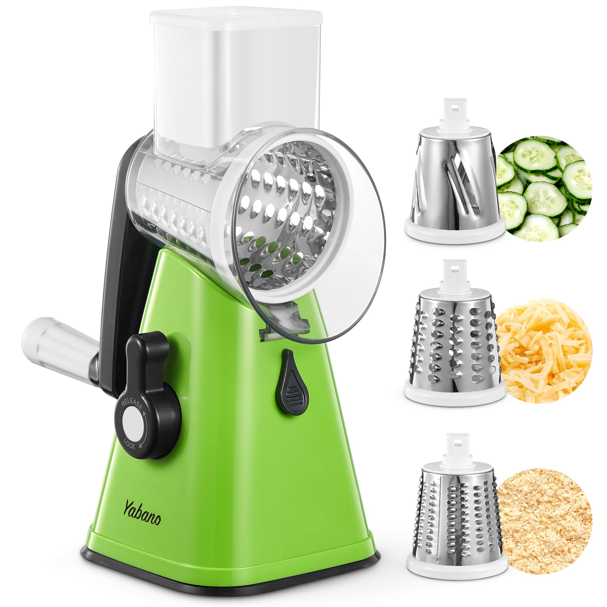 Yabano Rotary Cheese Grater - Vegetable Slicer with 3 Replaceable Stainless Steel Blades | Green