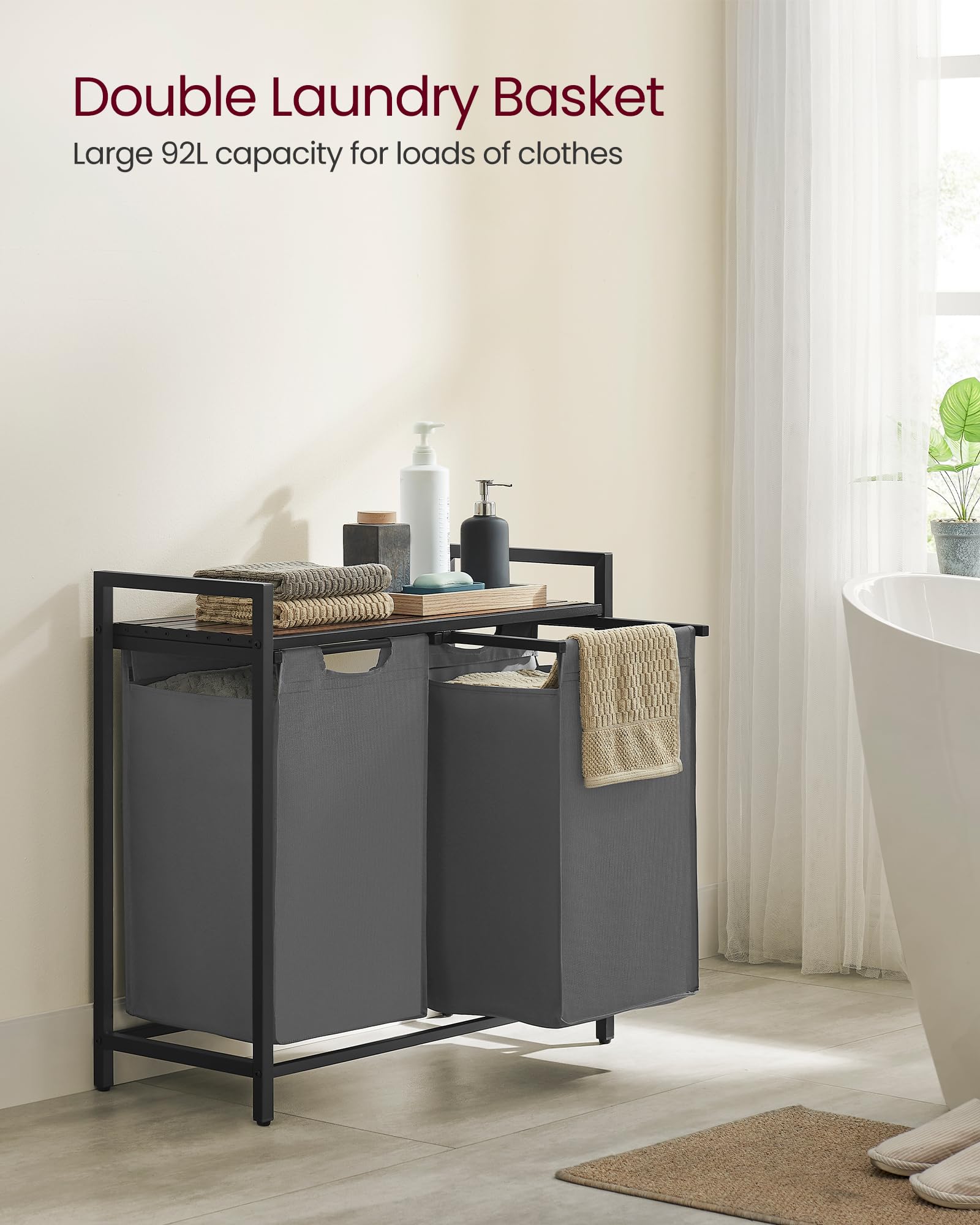 VASAGLE 2-Compartment Laundry Hamper with Shelf | 92 L Capacity | Rustic Brown & Grey 3