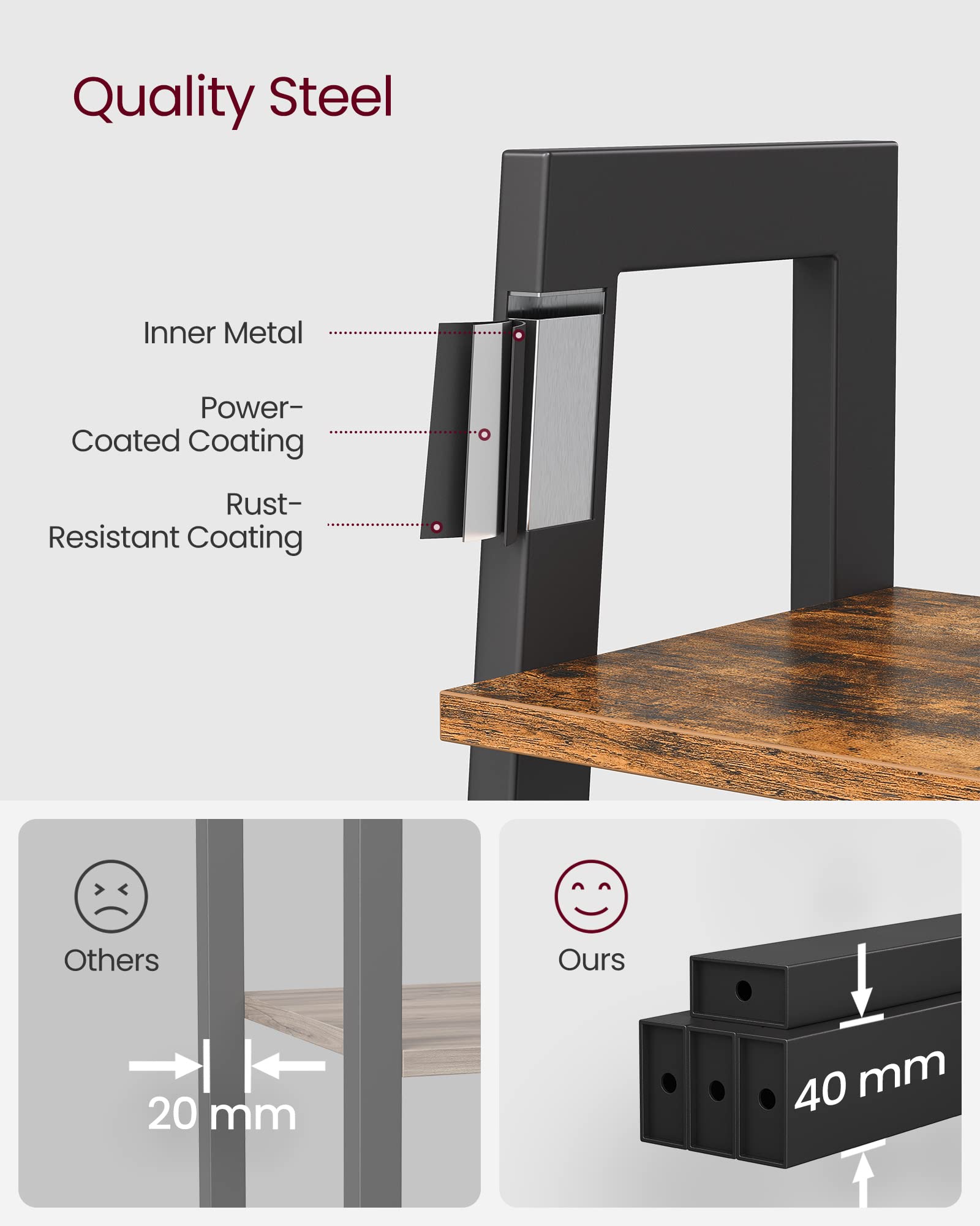 VASAGLE Ladder Shelf - 4-Tier Industrial Storage Rack | Rustic Brown & Black | 56 cm Wide 6