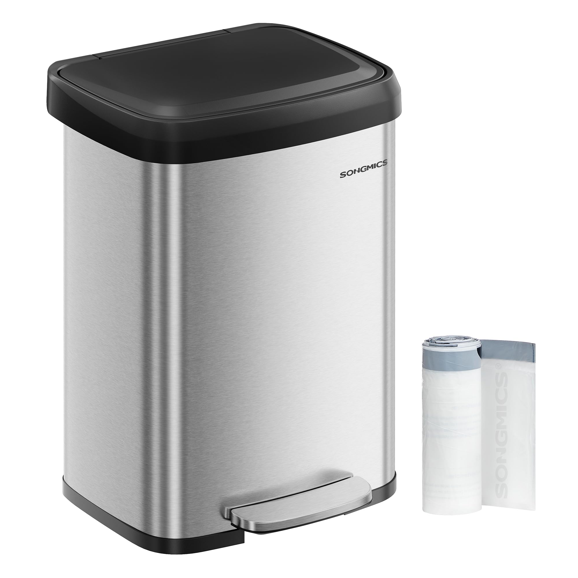 SONGMICS 50L Kitchen Bin - Metal Pedal Waste Bin | Fingerprint-Resistant | Silver + Black 1