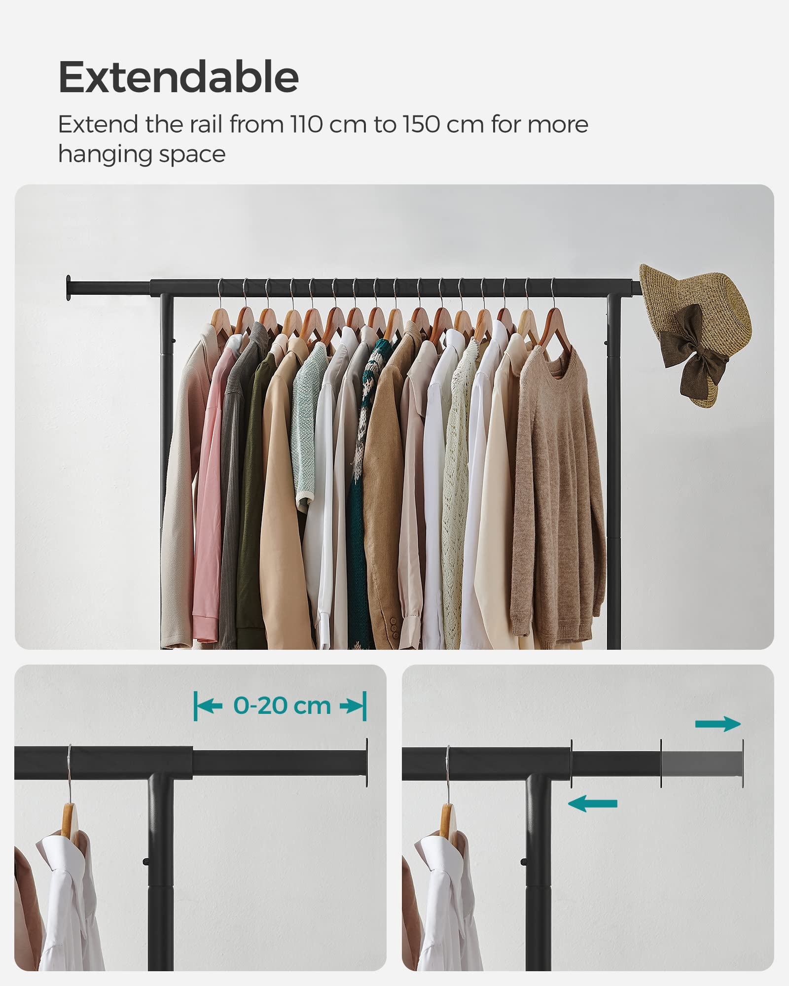 SONGMICS Heavy-Duty Clothes Rack on Wheels - Extendable Rail, 130 kg Capacity | Matte Black 6