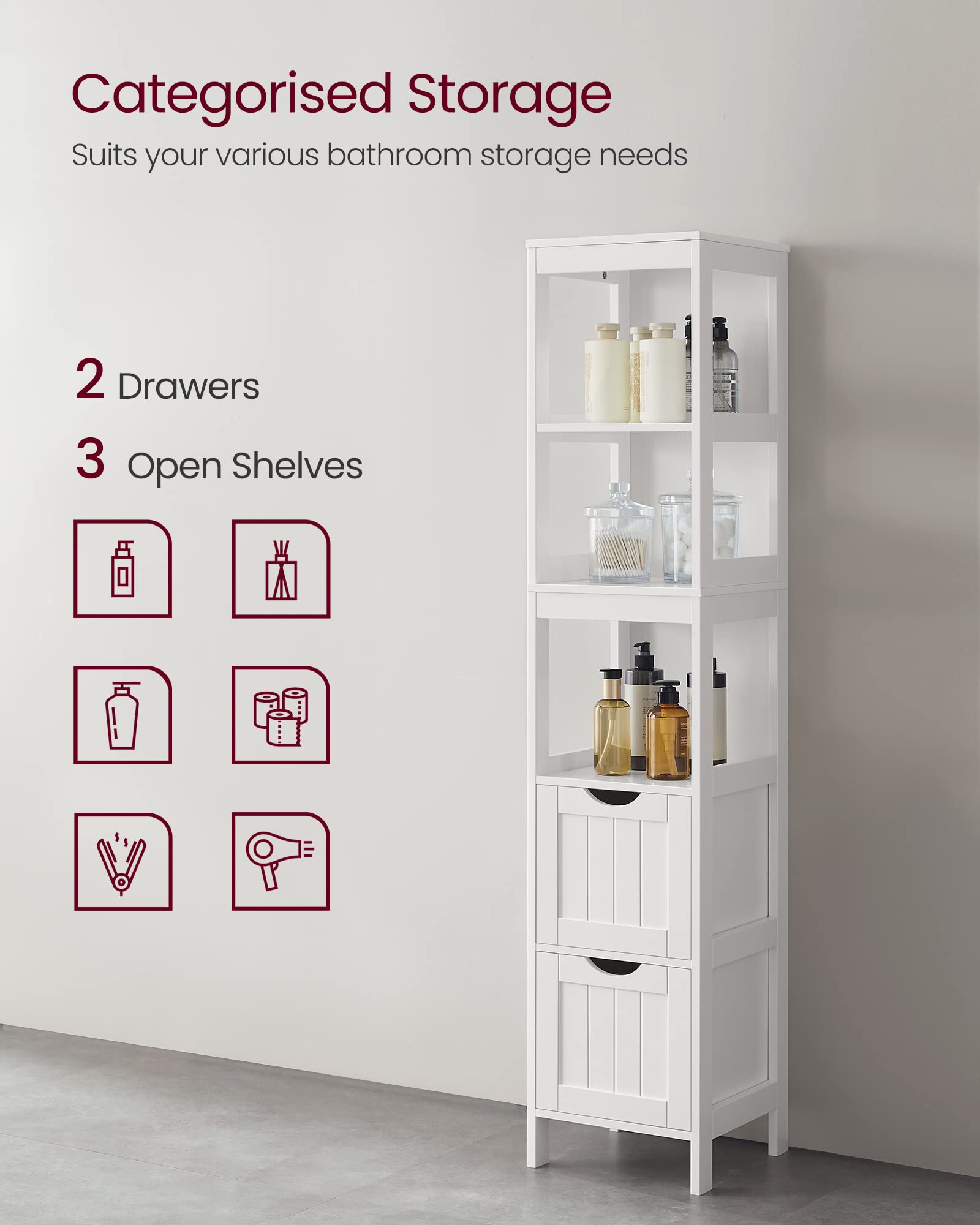 VASAGLE Bathroom Floor Cabinet - Freestanding Storage with 2 Drawers & 3 Open Shelves | White | 30x30x141.5 cm 5