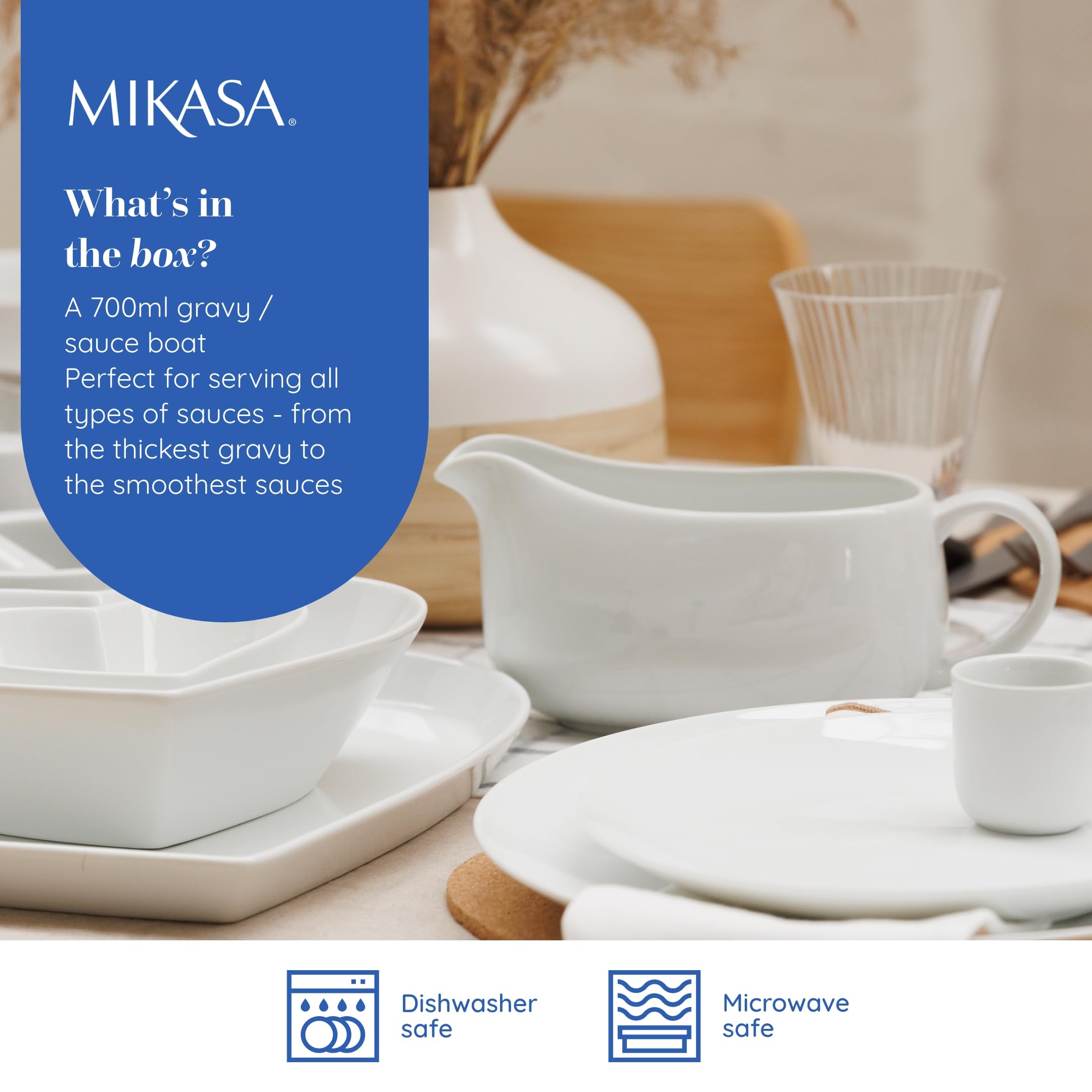 MIKASA Chalk Porcelain Gravy Boat - 700ml Capacity | Dishwasher Safe | 22cm Length 4