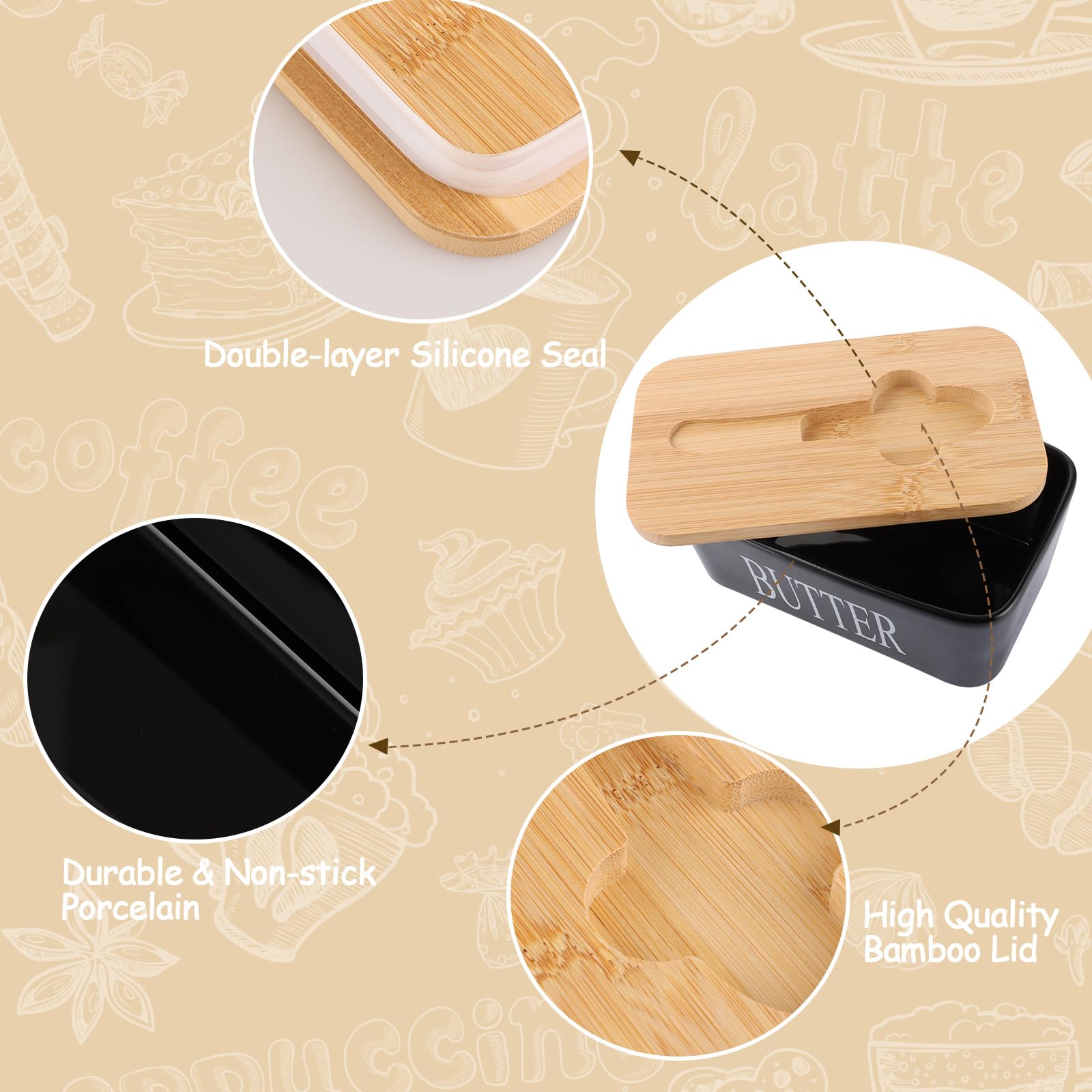 ASelected Large 650ml Ceramic Butter Dish with Bamboo Lid | Rectangular, Black, Dishwasher Safe 3