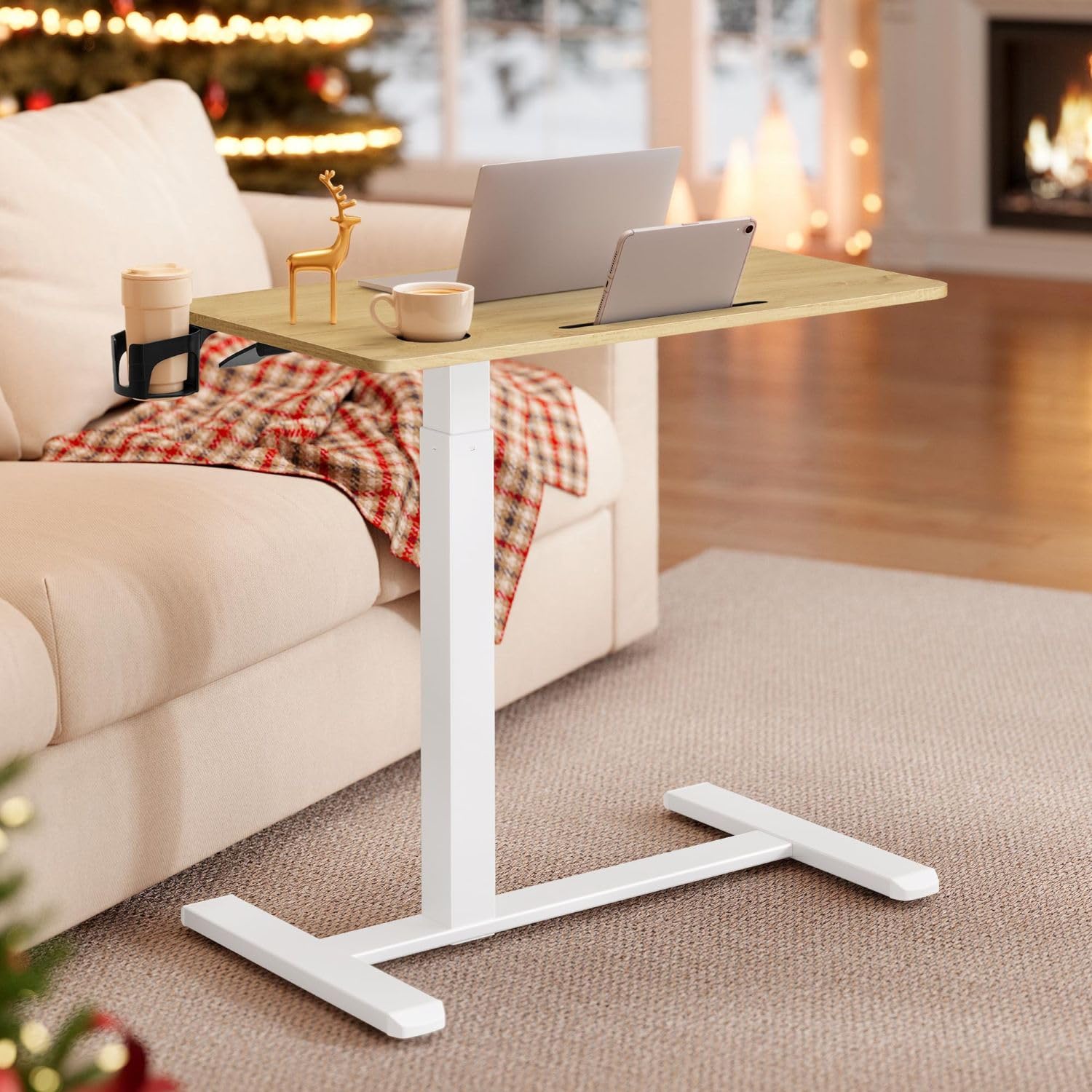 VASAGLE Adjustable Height Overbed Table with Wheels | 80 x 45 cm Top | Golden Oak