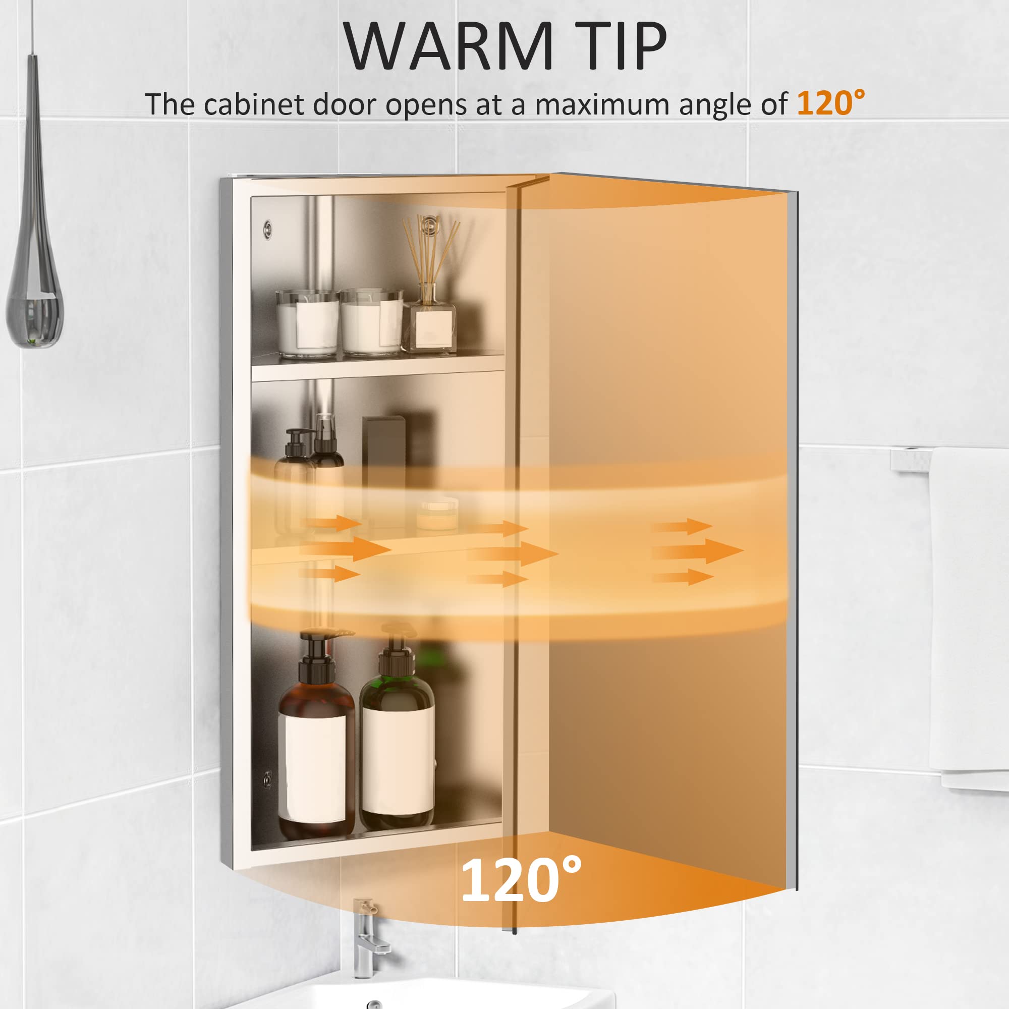 HOMCOM Wall Mount Corner Mirror Cabinet - Stainless Steel | 3 Shelves | Space Saving 9