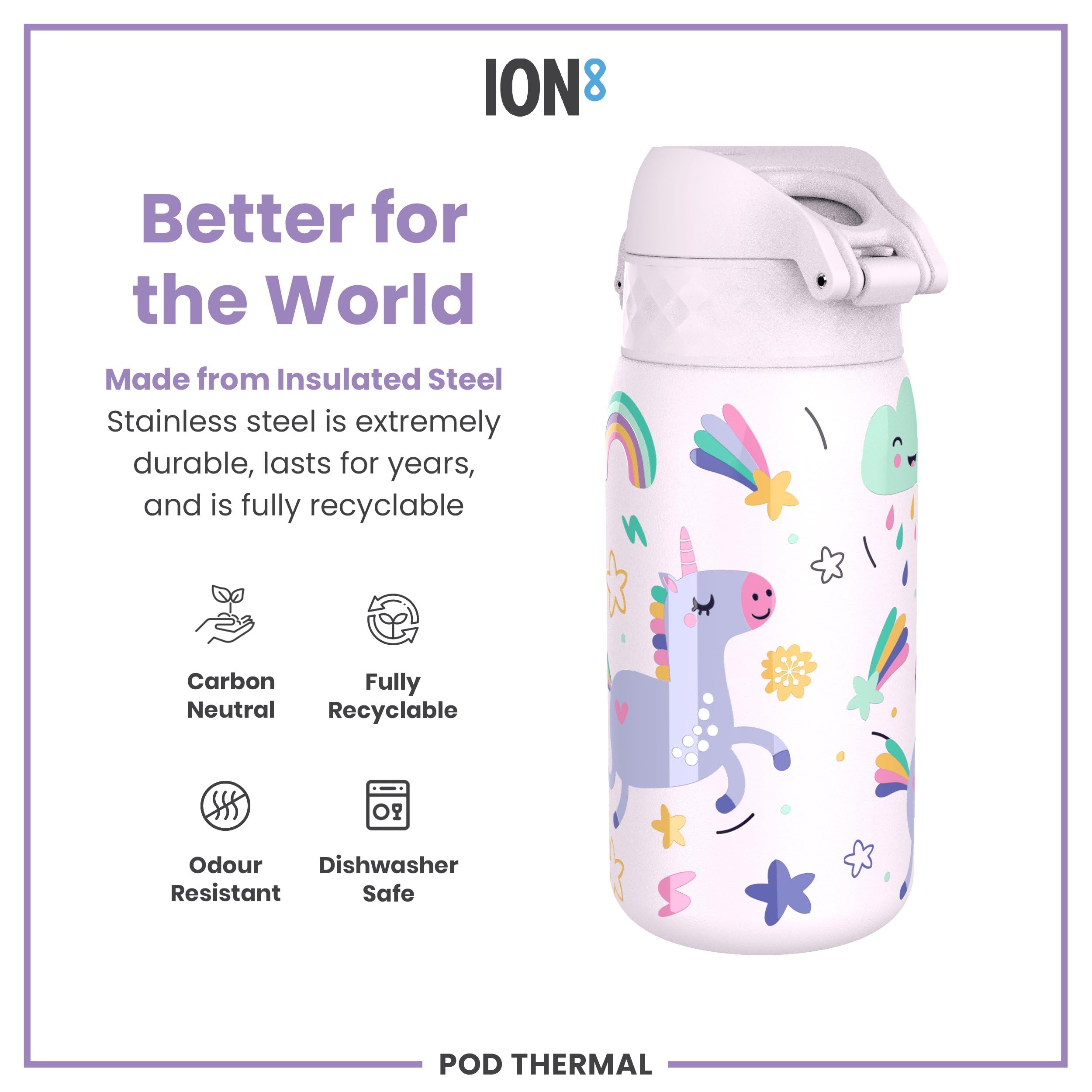 Ion8 Insulated Steel Water Bottle - 320 ml/11 oz, Leak Proof, Pink Unicorns | Dishwasher Safe 5