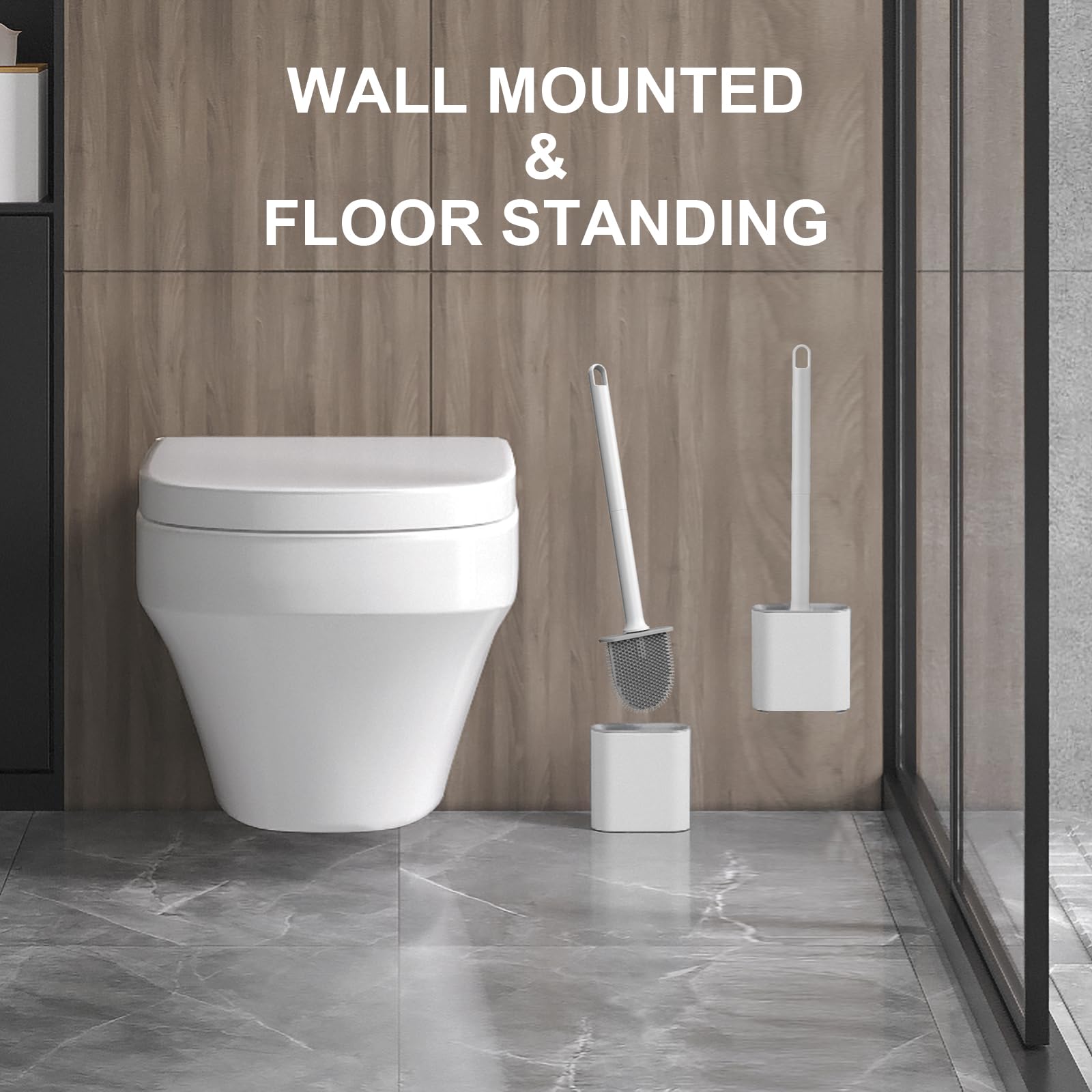Ibergrif M34151-3 Silicone Toilet Brush & Holder - Quick Drying, Wall Mounted/Floor Standing, White/Grey 3