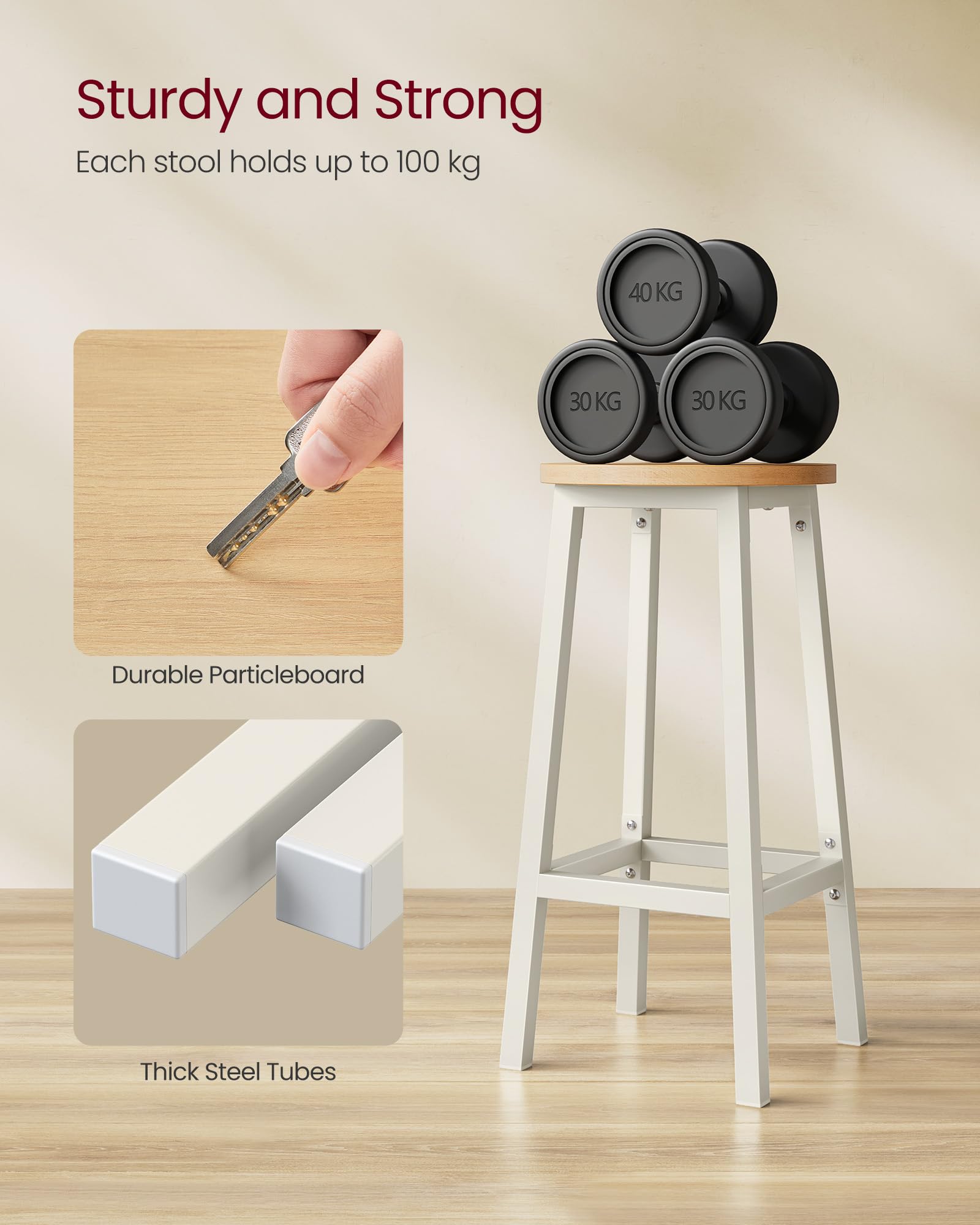 VASAGLE Bar Stools Set of 2 - Classic Beige & White Oak | Metal Frame | Footrest | Easy Assembly 5