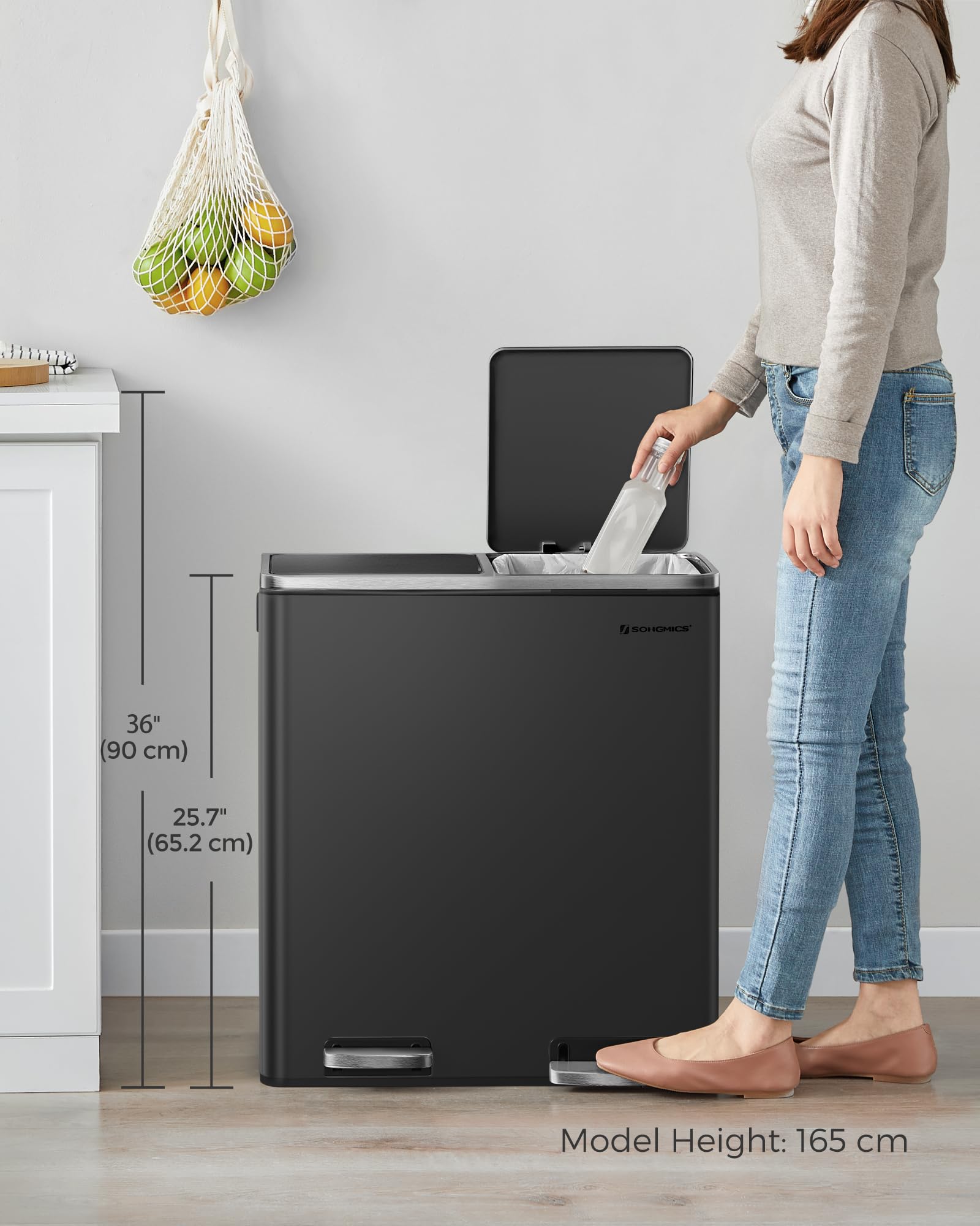 SONGMICS Dual Rubbish Bin - 2 Compartment Recycling Bin with Pedals | 2 x 30 L | Black LTB60BK 7