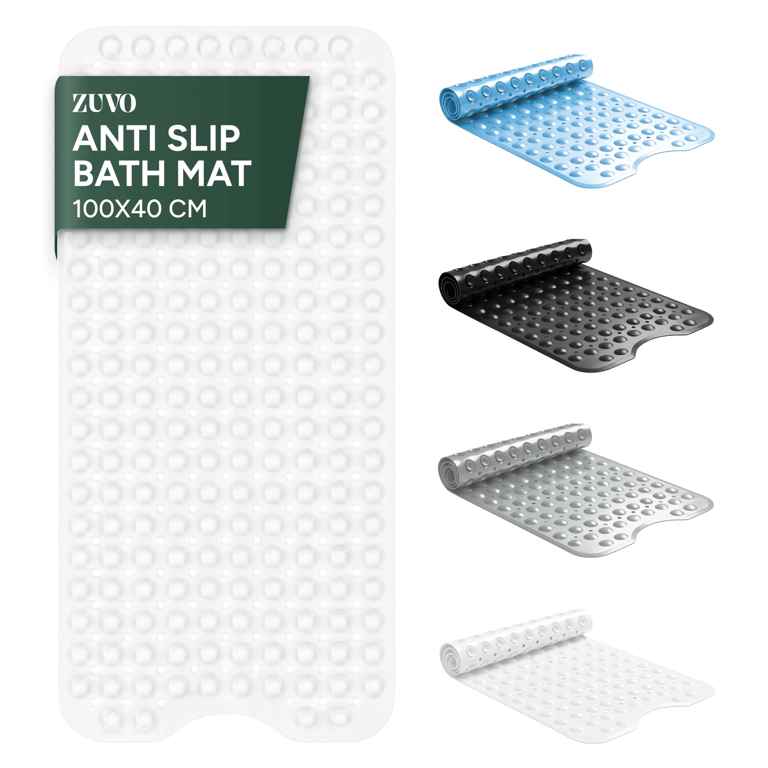 Zuvo Extra Long Non-Slip Bathtub Mat - 100 x 40cm | Solid White | Anti-Mold PVC 1