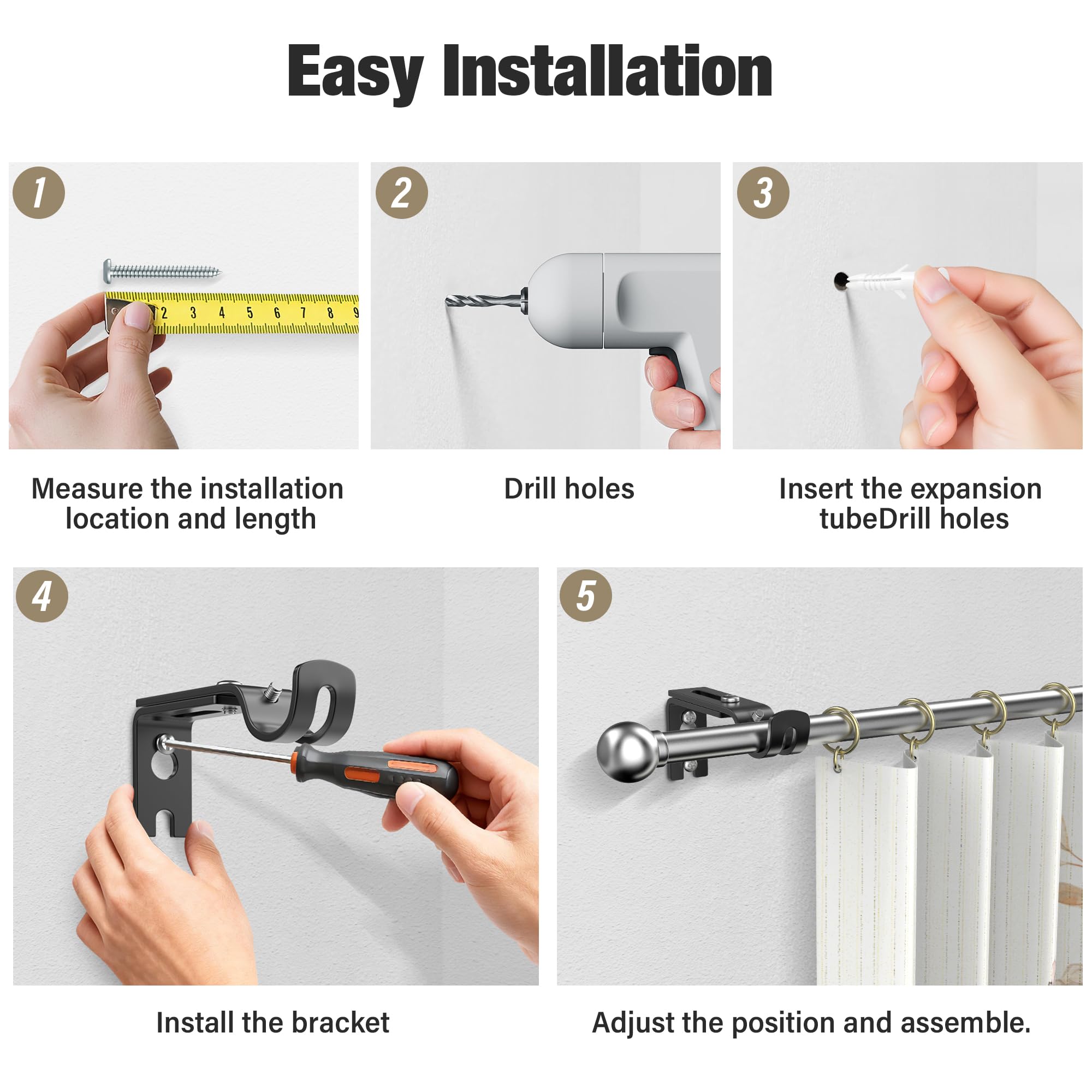 Vonsera 4Pcs Adjustable Heavy Duty Curtain Rod Brackets - Black Stainless Steel | Fits up to 25mm Rods 7