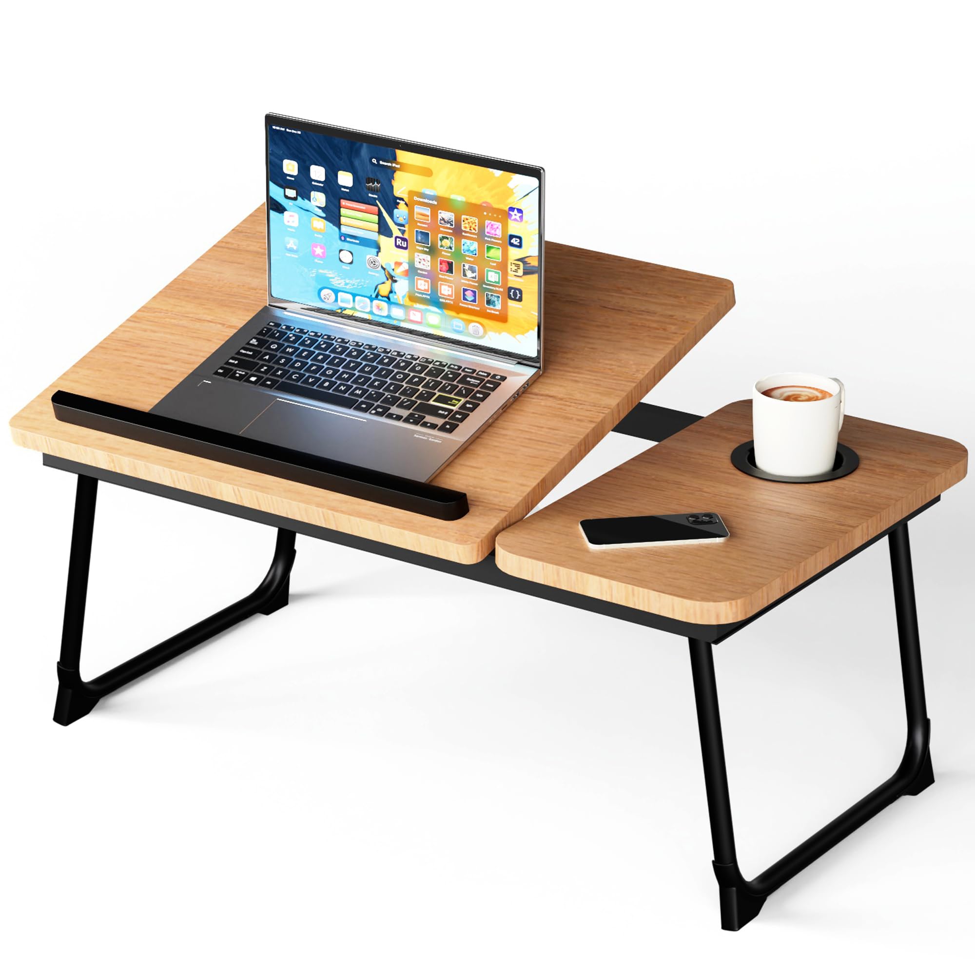 Vivo Technologies Walnut Laptop Bed Desk with Foldable Legs & Cup Slot | 56x33x24cm