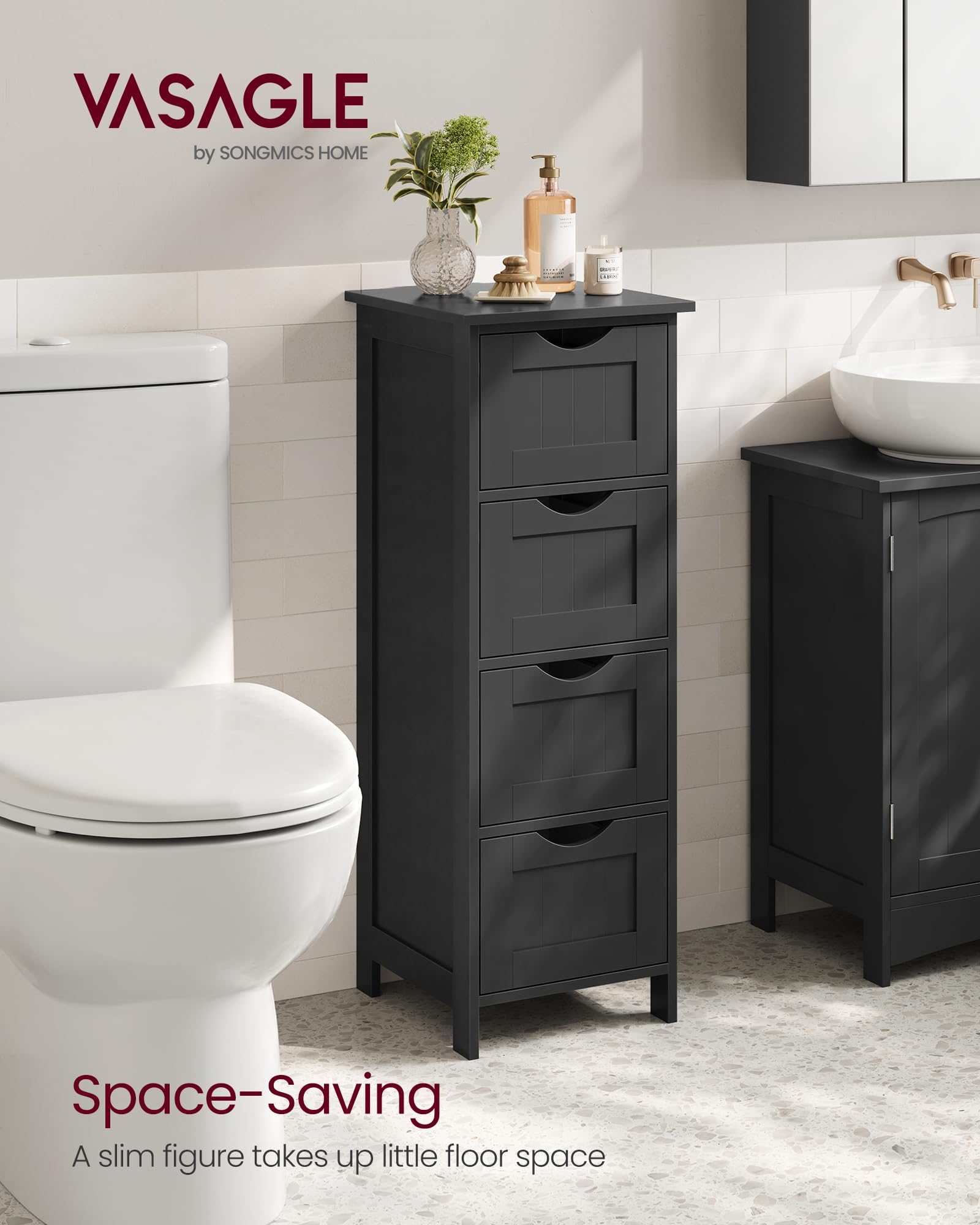 VASAGLE Bathroom Floor Storage Cabinet - 4 Drawers | 30 x 30 x 82 cm | Ink Black 4