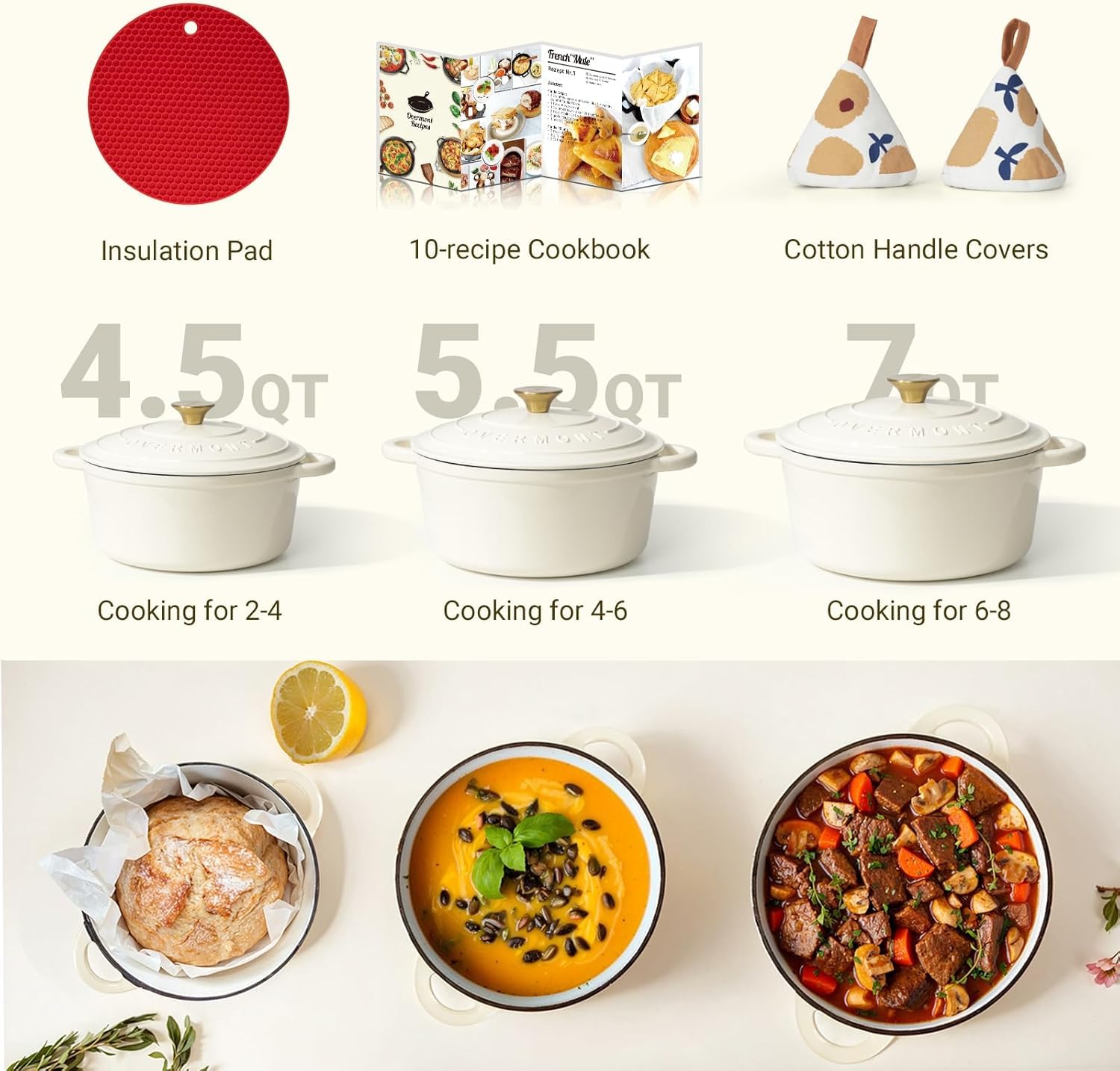 OVERMONT 24cm/4.2L Enamelled Cast Iron Round Casserole Pot with Lid | 4.5QT | Cream White 7