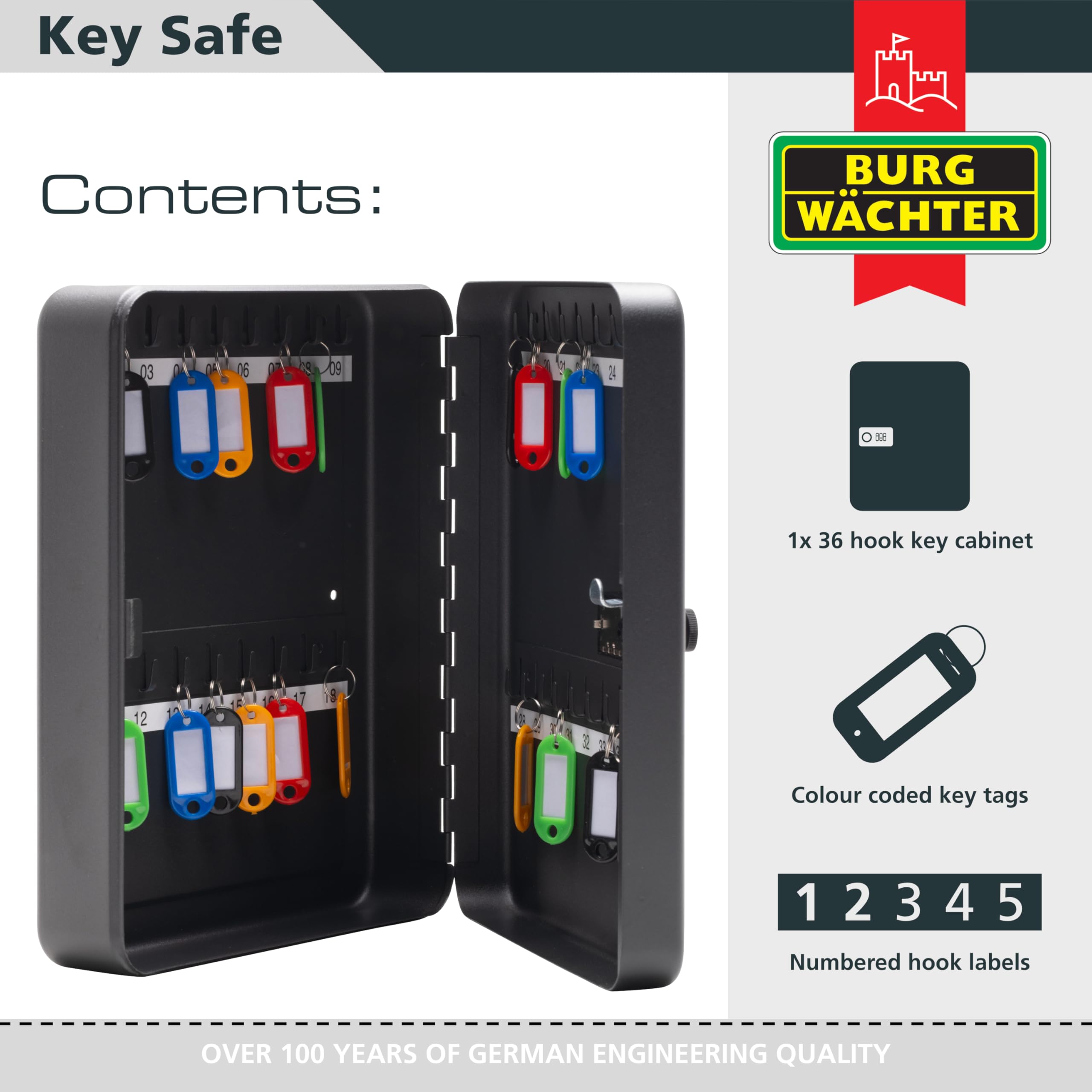 Burg-Wächter KC36C Wall Mountable Combination Key Cabinet - 36 Hooks | Matt Black Steel 5