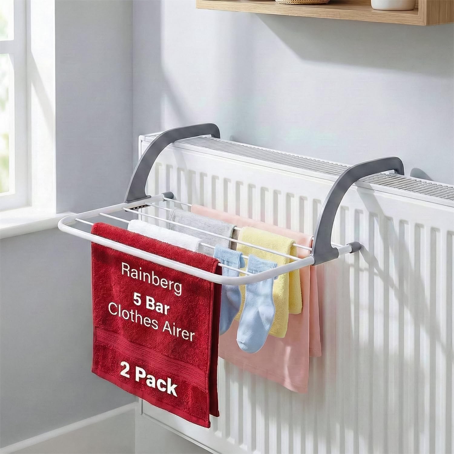 Rainberg 5 Bar Radiator Clothes Airer Rack, Foldable Metal Drying Rack with Adjustable Arms | 5kg Capacity 1