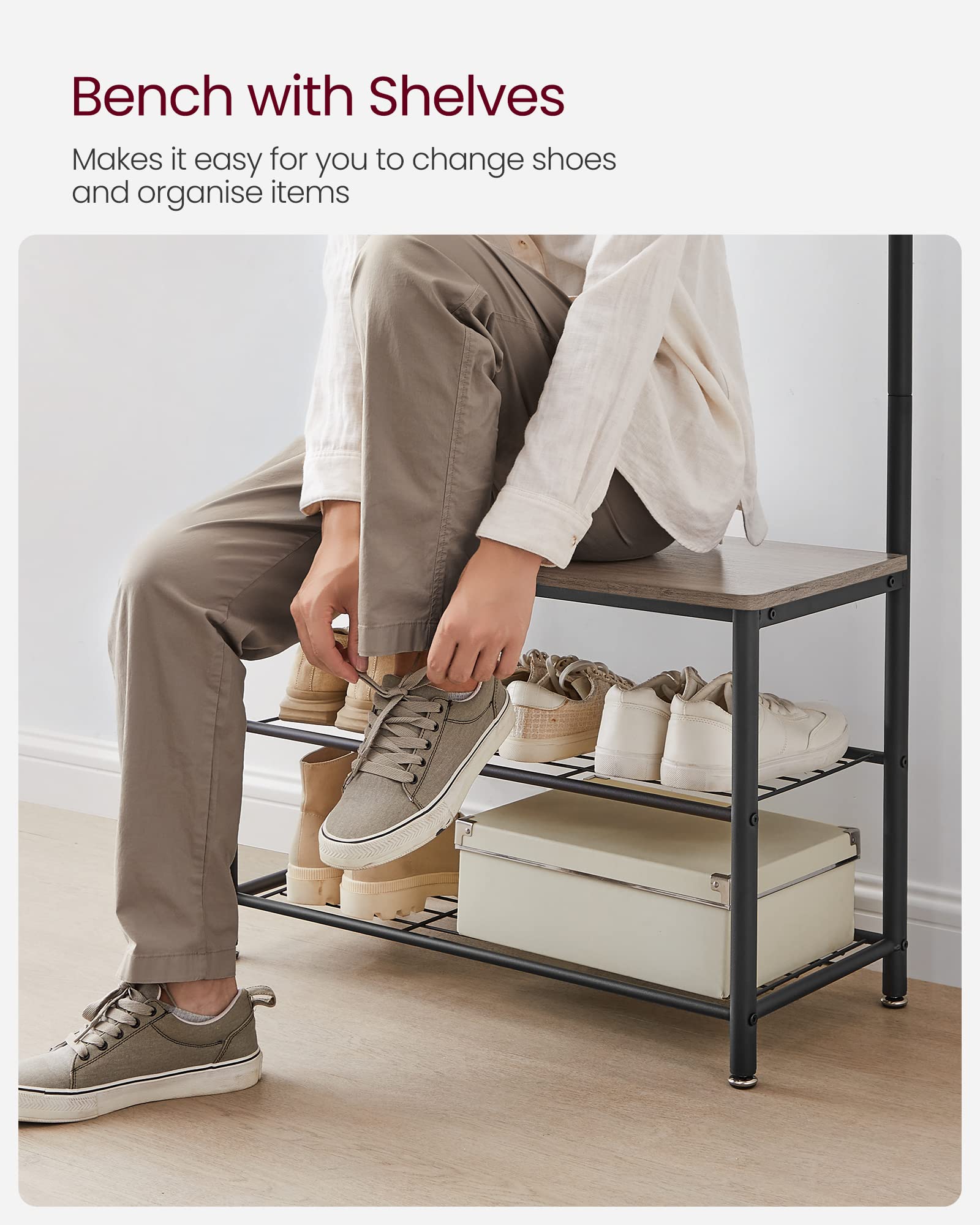 VASAGLE 3-in-1 Coat Stand with Shoe Rack and Bench | Grey + Black | 175cm Height 6