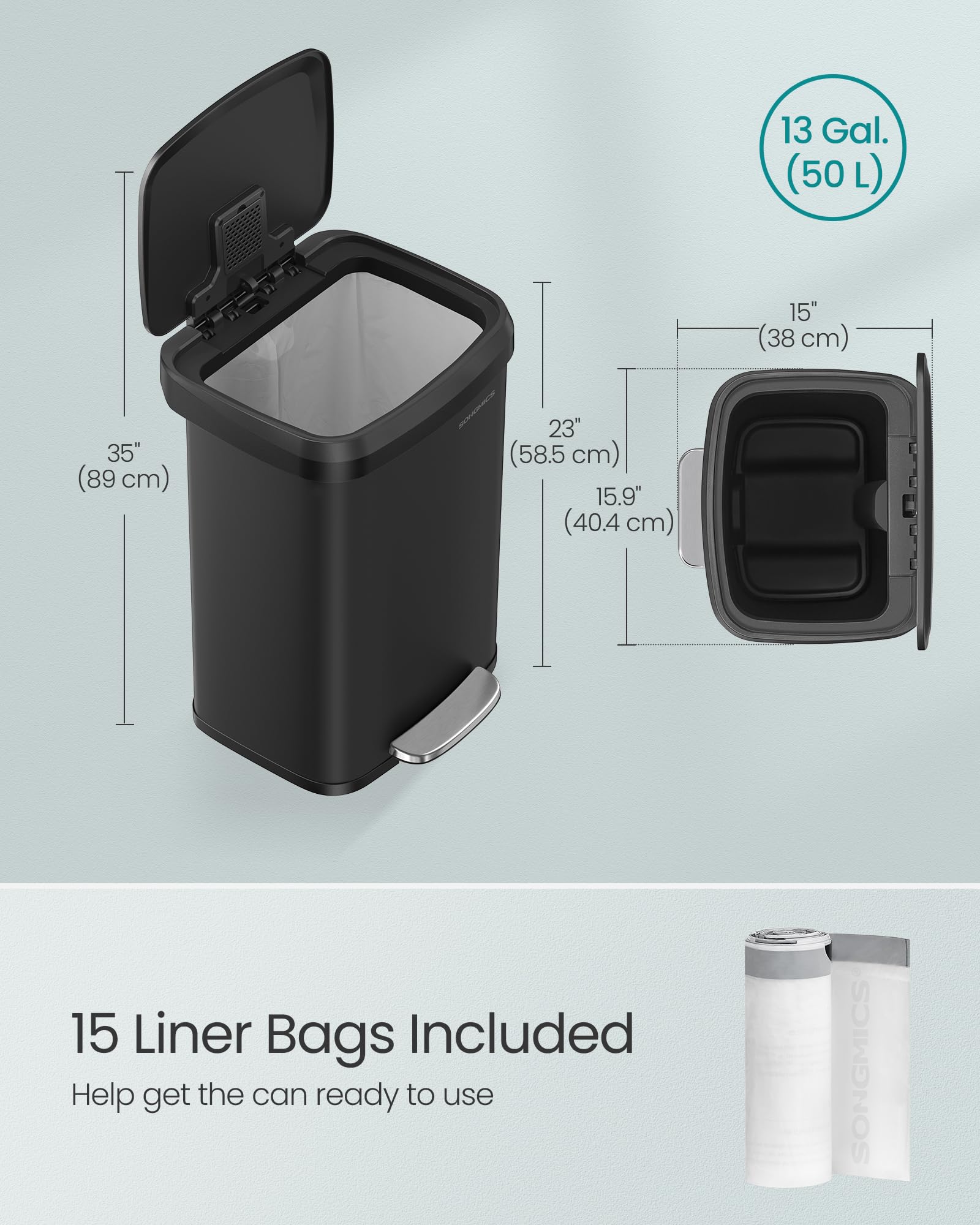 SONGMICS Kitchen Bin - 50L Capacity, Black Metal Pedal Waste Bin | Quiet Close 3