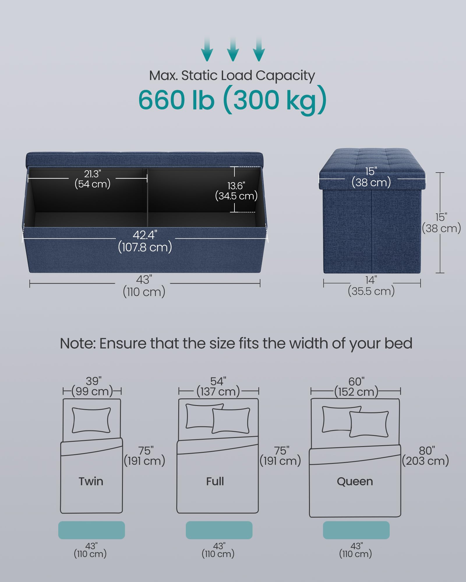 SONGMICS MAZIE Storage Ottoman Bench - 110 cm Folding Foot Rest | Dark Blue | 131L Capacity 2