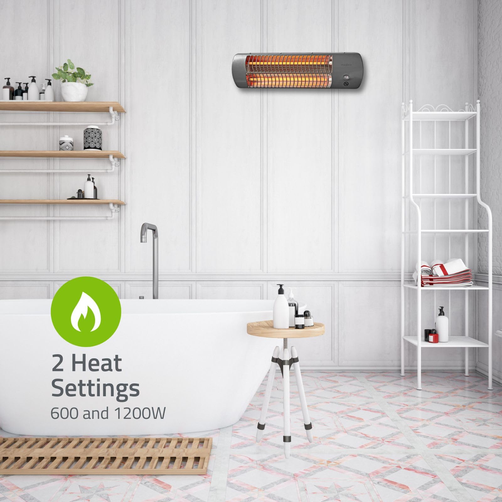 NEDIS Wall-Mountable Electric Bathroom Heater - 1200W Max | 2 Heat Settings | IPX4 Splashproof 5
