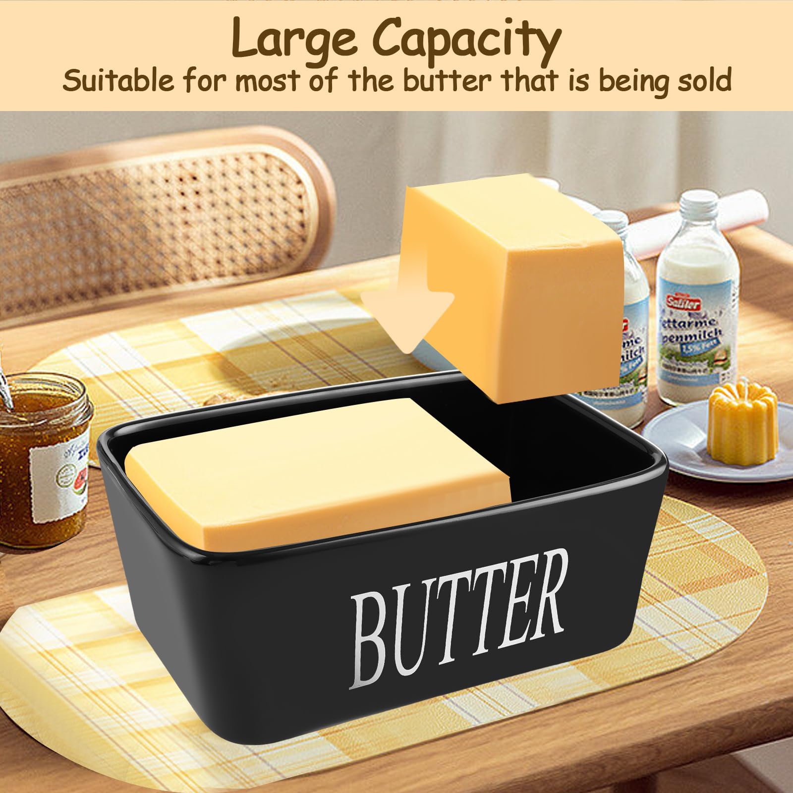 ASelected Large 650ml Ceramic Butter Dish with Bamboo Lid | Rectangular, Black, Dishwasher Safe 4