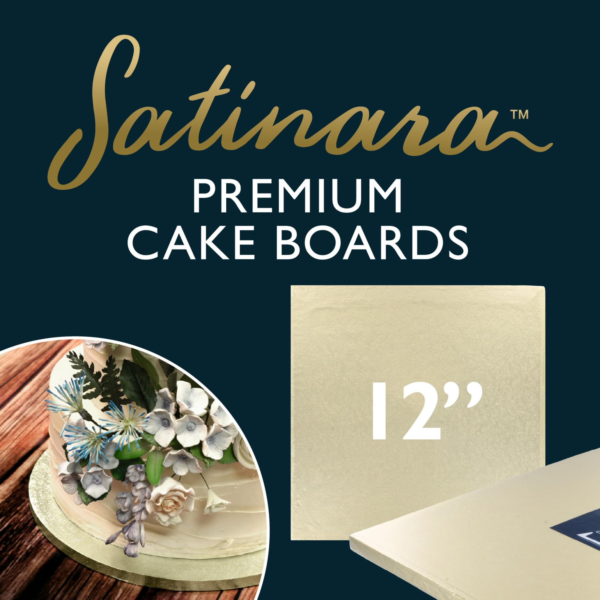 Satinara 12 Inch Square Cake Board - 12mm Thick Pale Gold Foil Drum | Handmade in UK 3