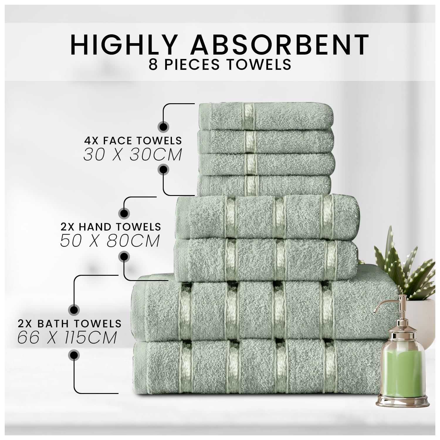 GC GAVENO CAVAILIA 8 Piece Towel Set - 450 GSM Quick Dry Cotton | Duck Egg | 4 Face, 2 Hand, 2 Bath 2